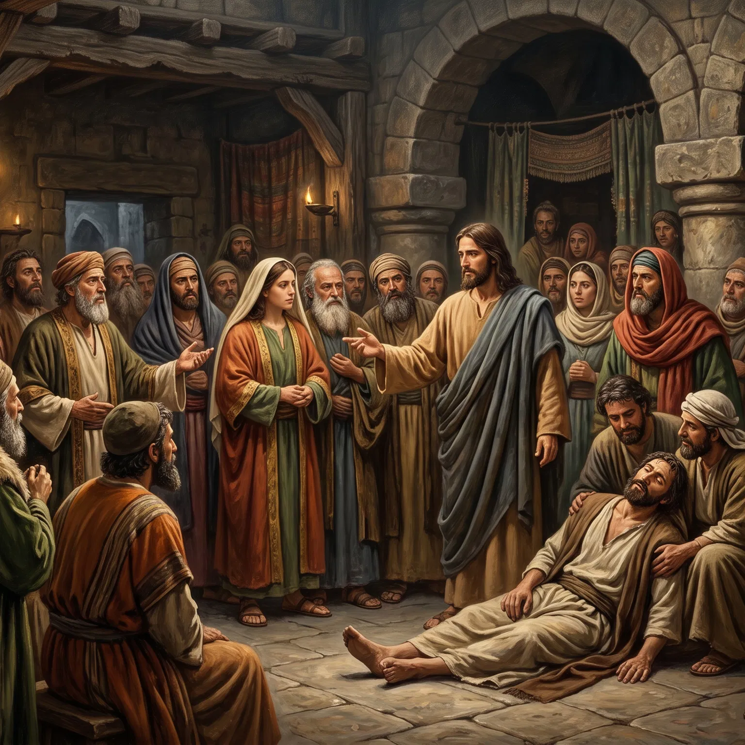Jesus Speaks Over a Fallen Man in the Synagogue