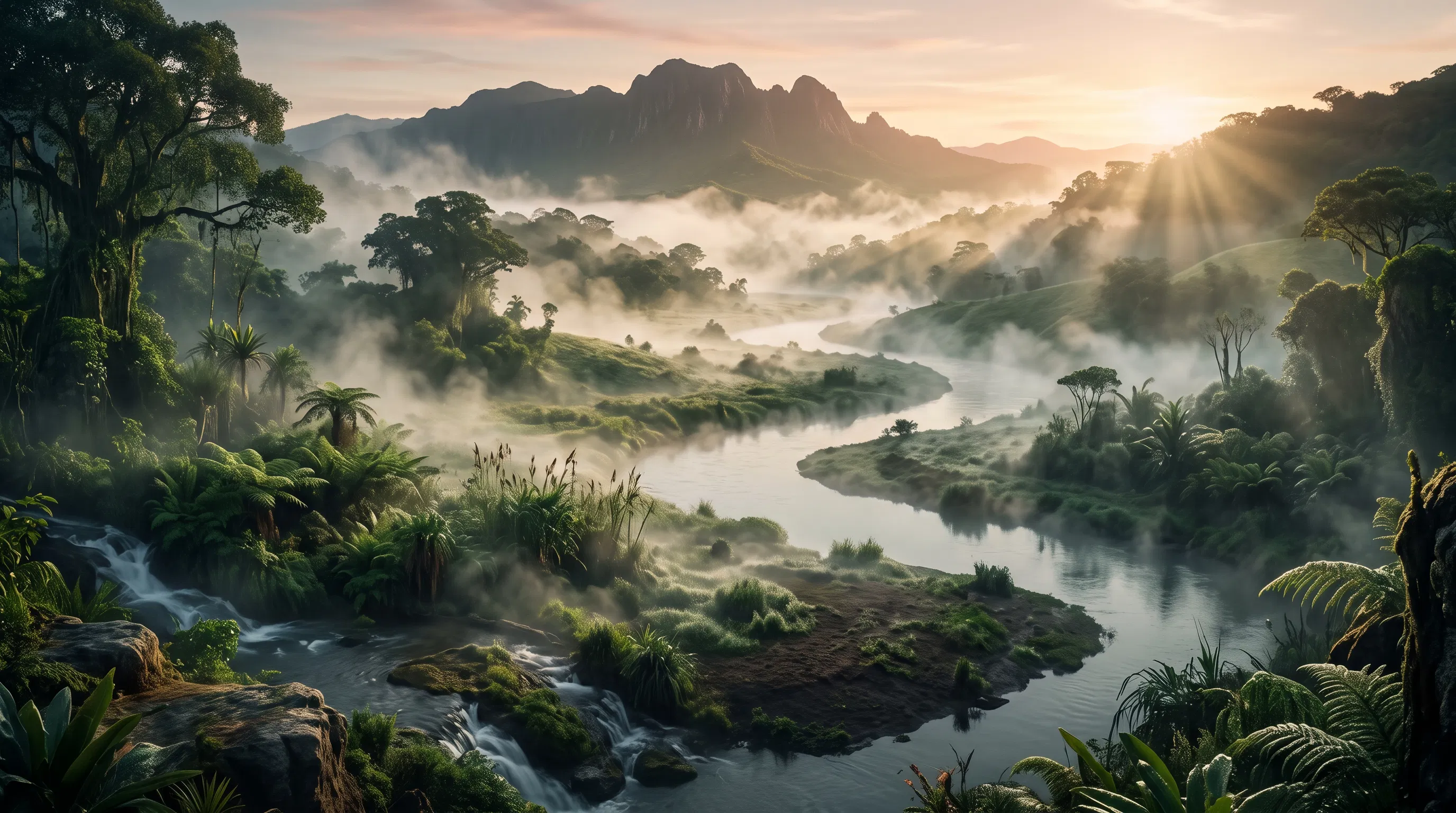 Mist Rising Over a Misty Valley and River