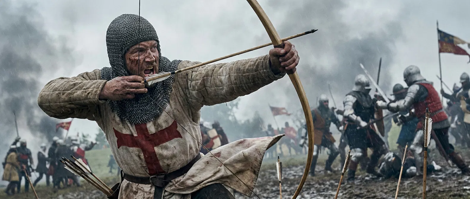 Medieval Longbowman Drawing His Bow in Battle