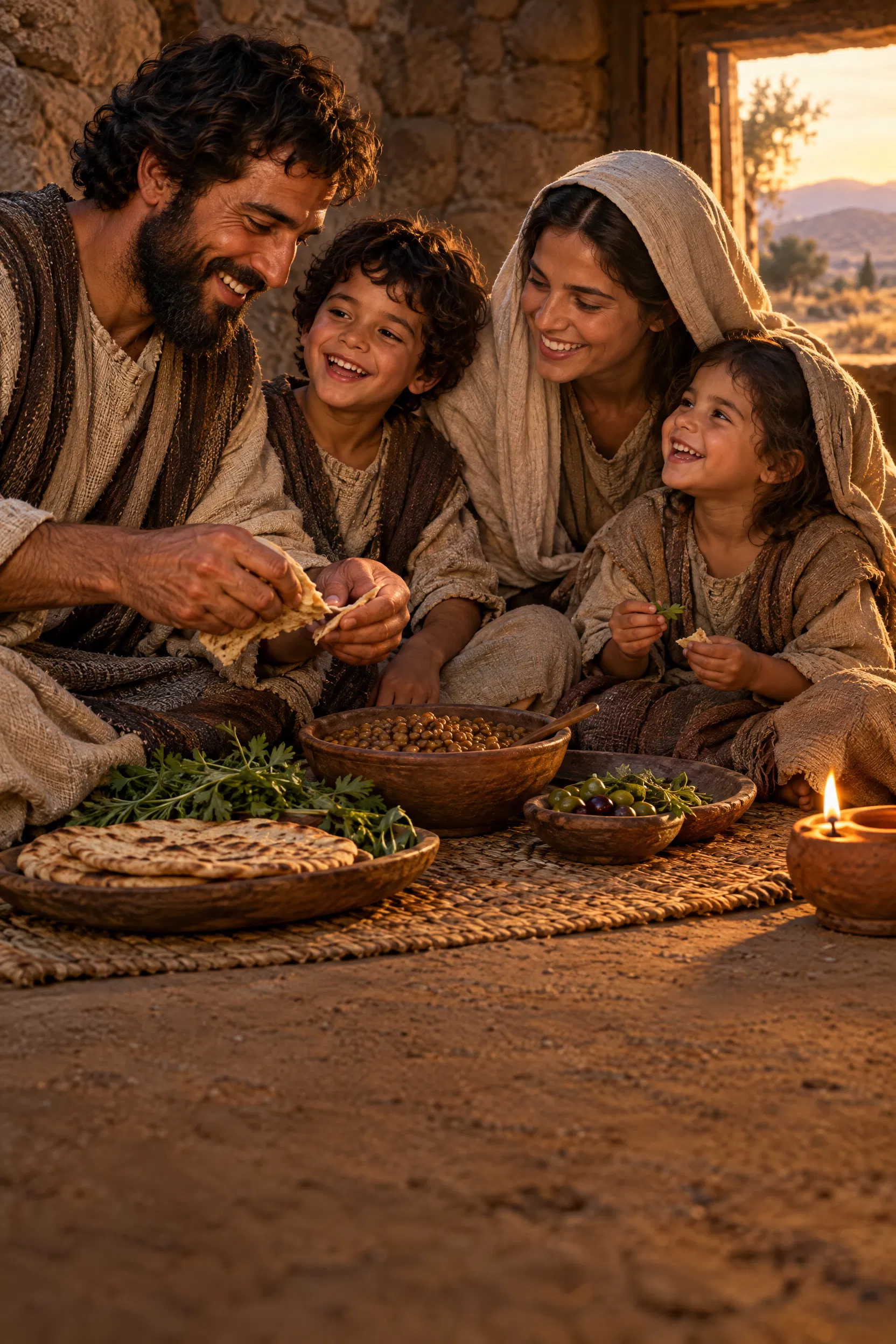 Poor Family Shares a Meal of Herbs and Bread