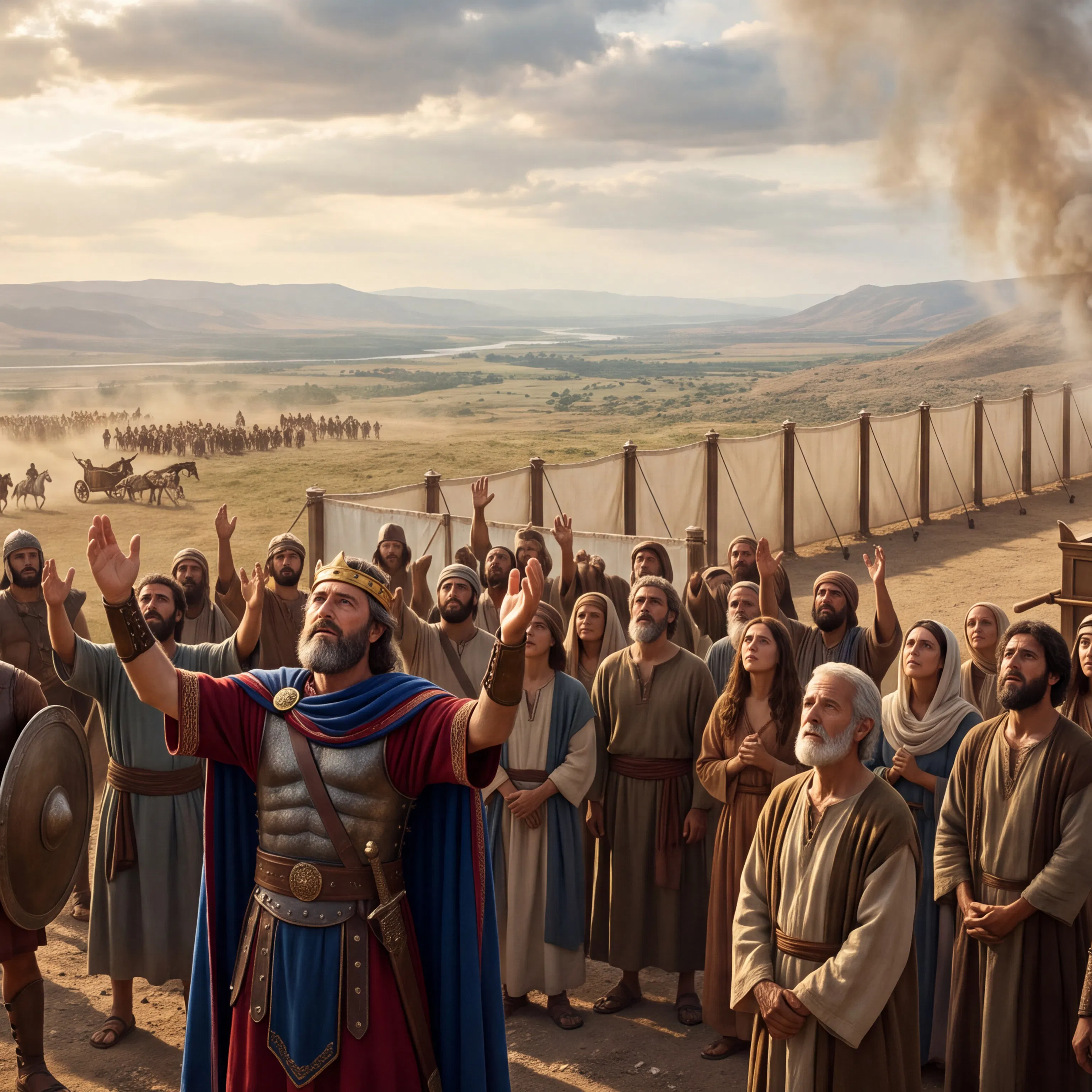 King Raises His Hands Before Altar as Army Approaches