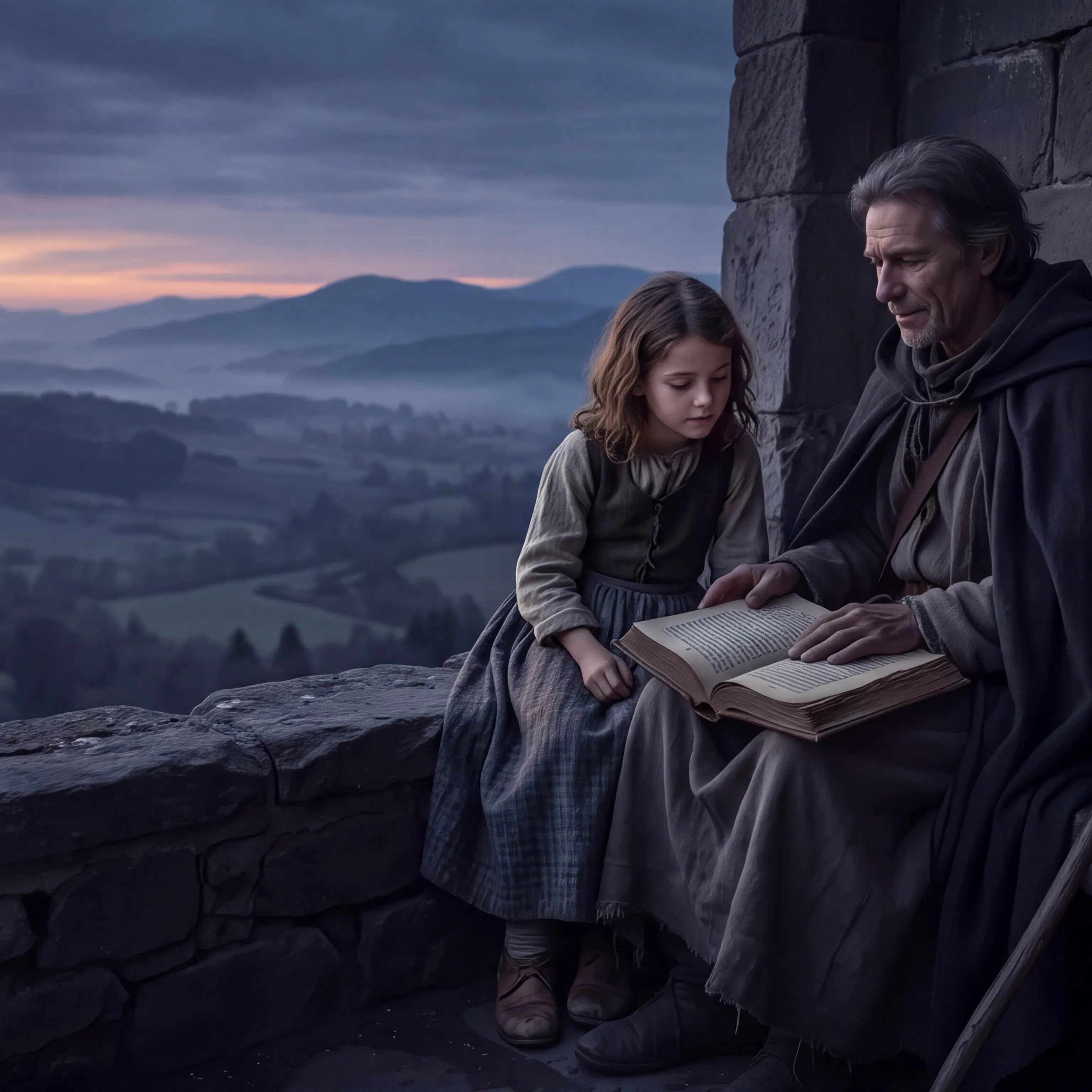 Man and Girl Reading a Book Above Misty Hills