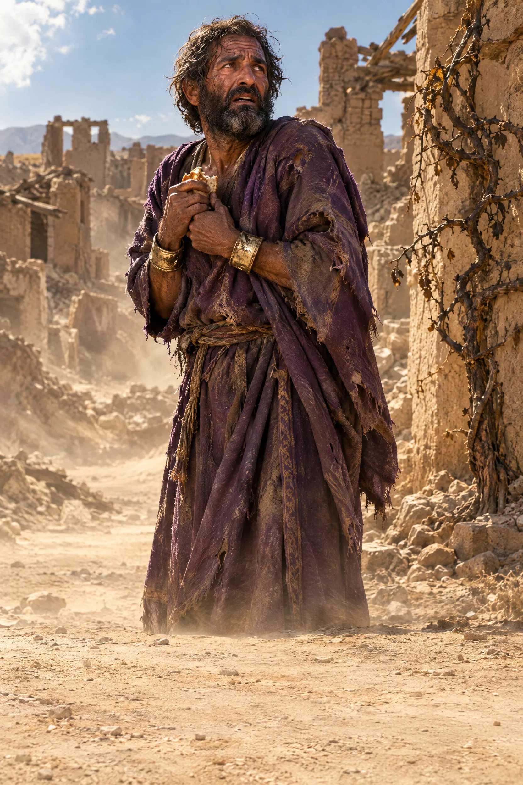 A Ruined Man Clutches Bread in an Abandoned Town