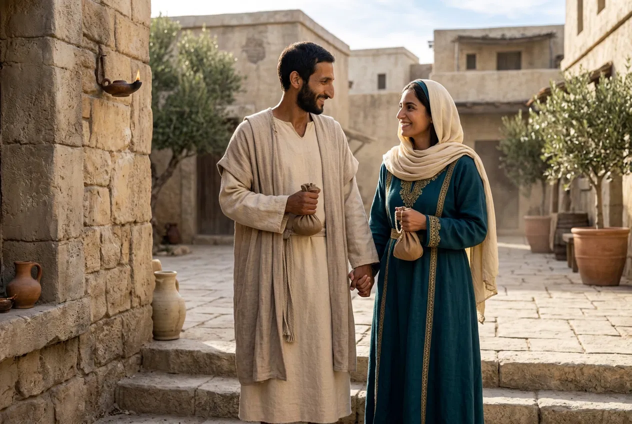 Ananias and Sapphira Standing Together With Money Bags