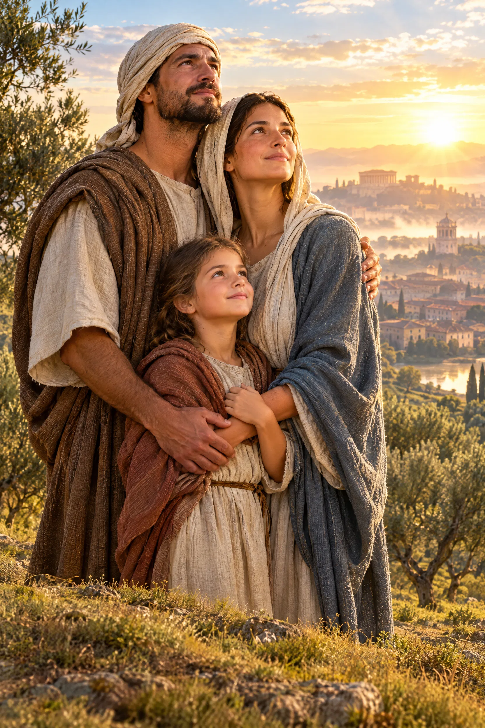 A Family Looks to the Sunrise Over a City