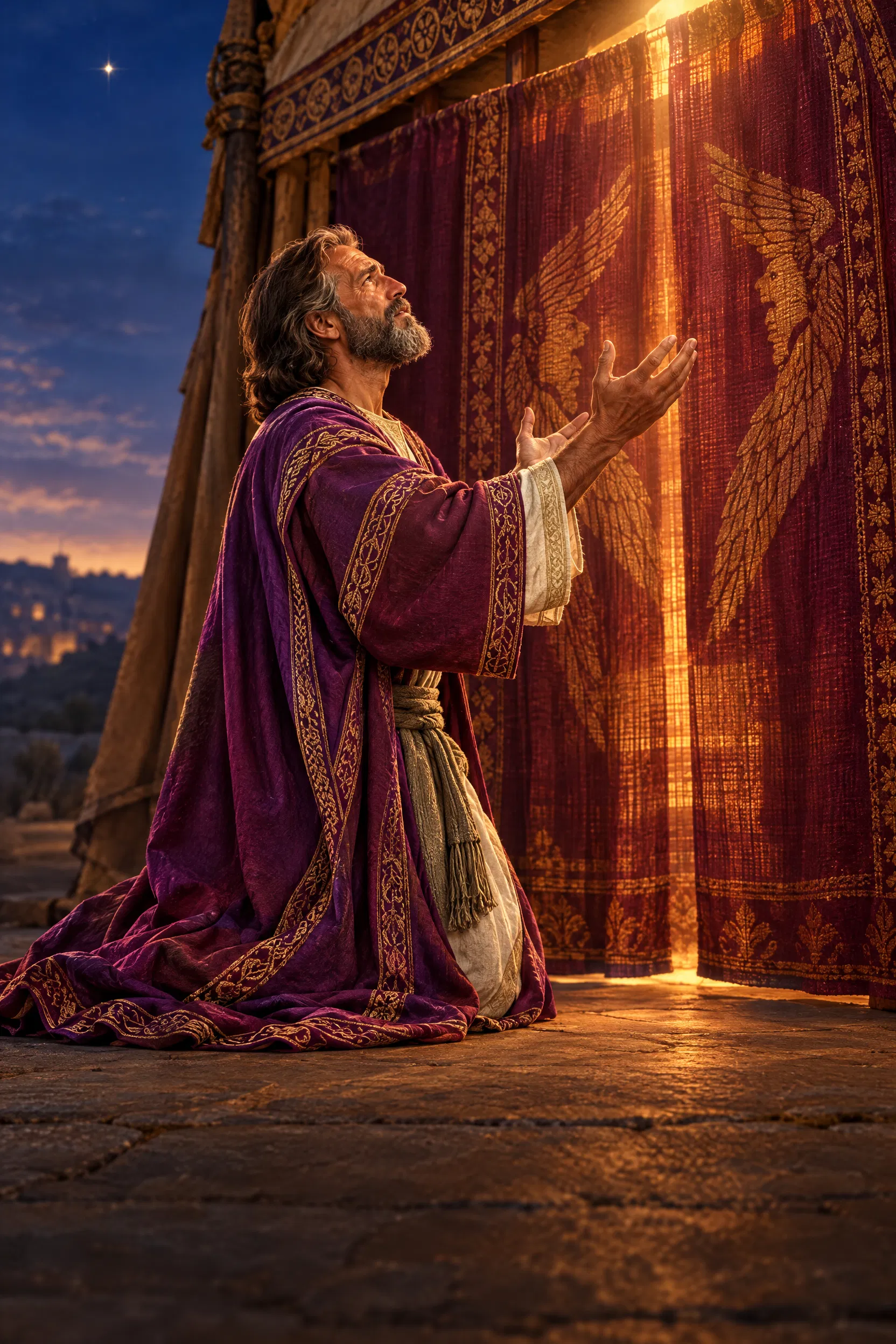 David Kneels with Raised Hands Before the Tent Curtain