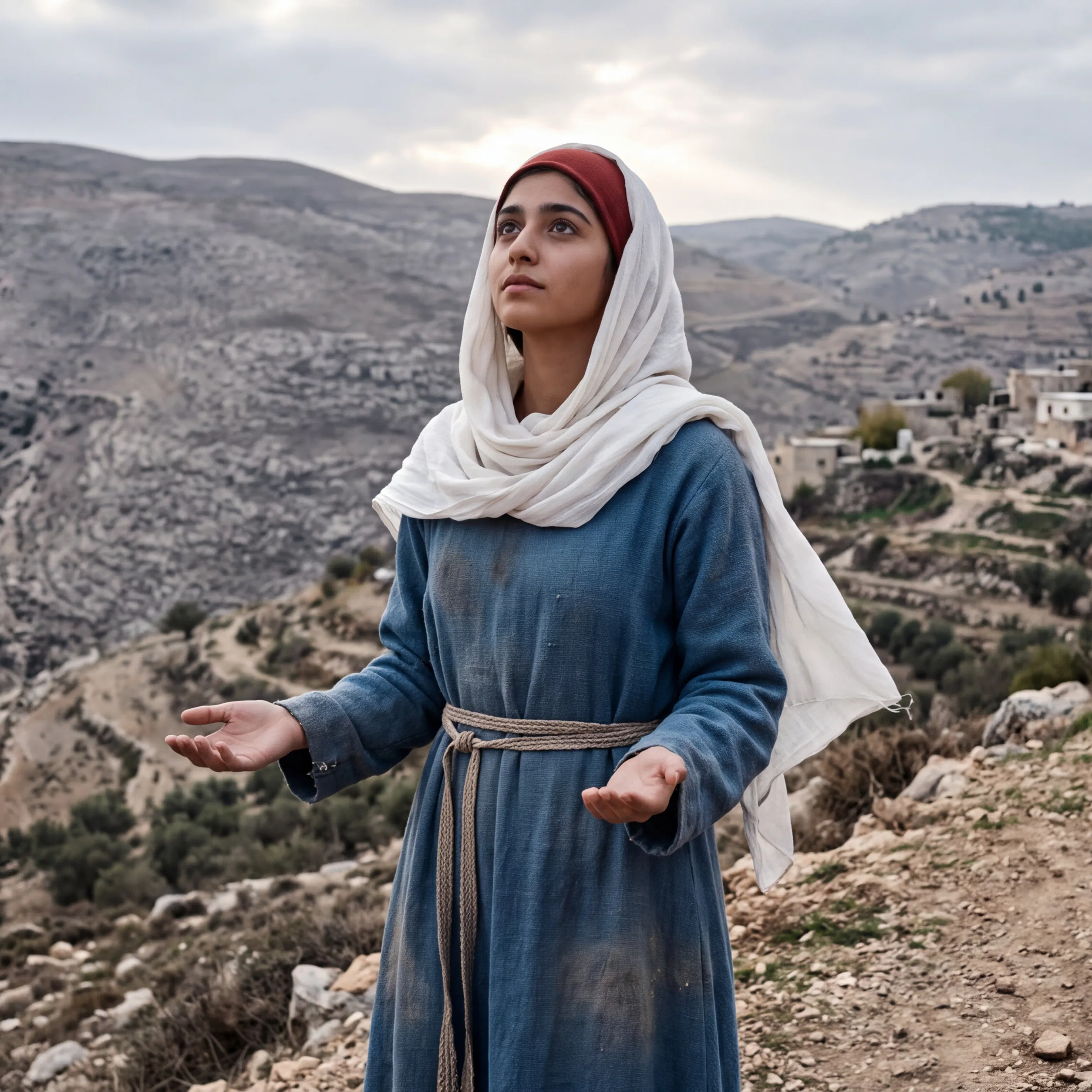 Young Woman Looks Upward on a Rocky Hillside