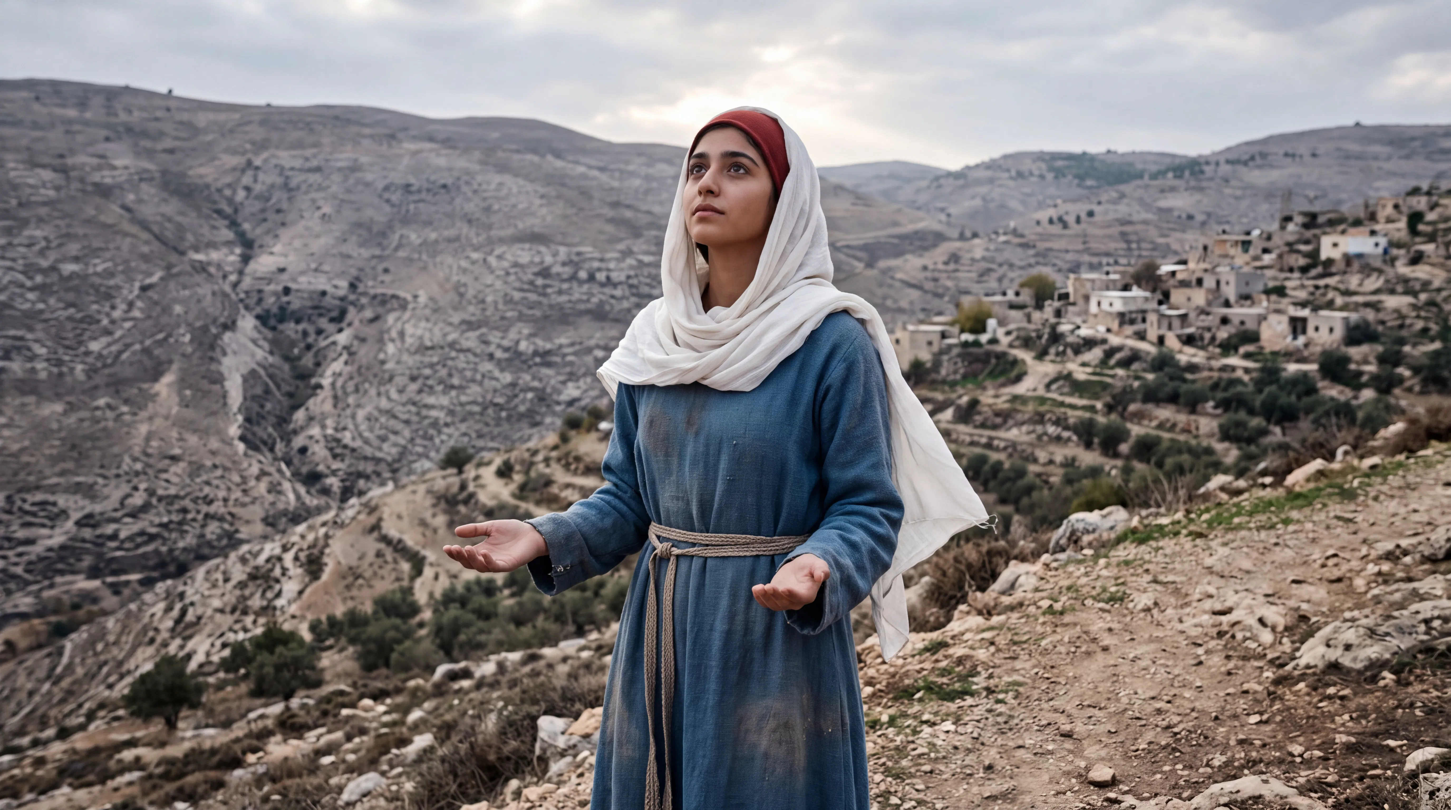 Young Woman Looks Upward on a Rocky Hillside
