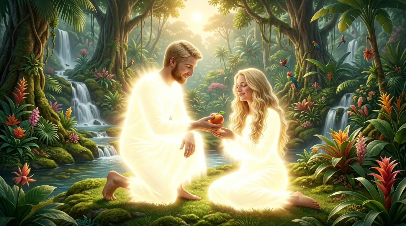 Adam and Eve in Eden Sharing a Fruit