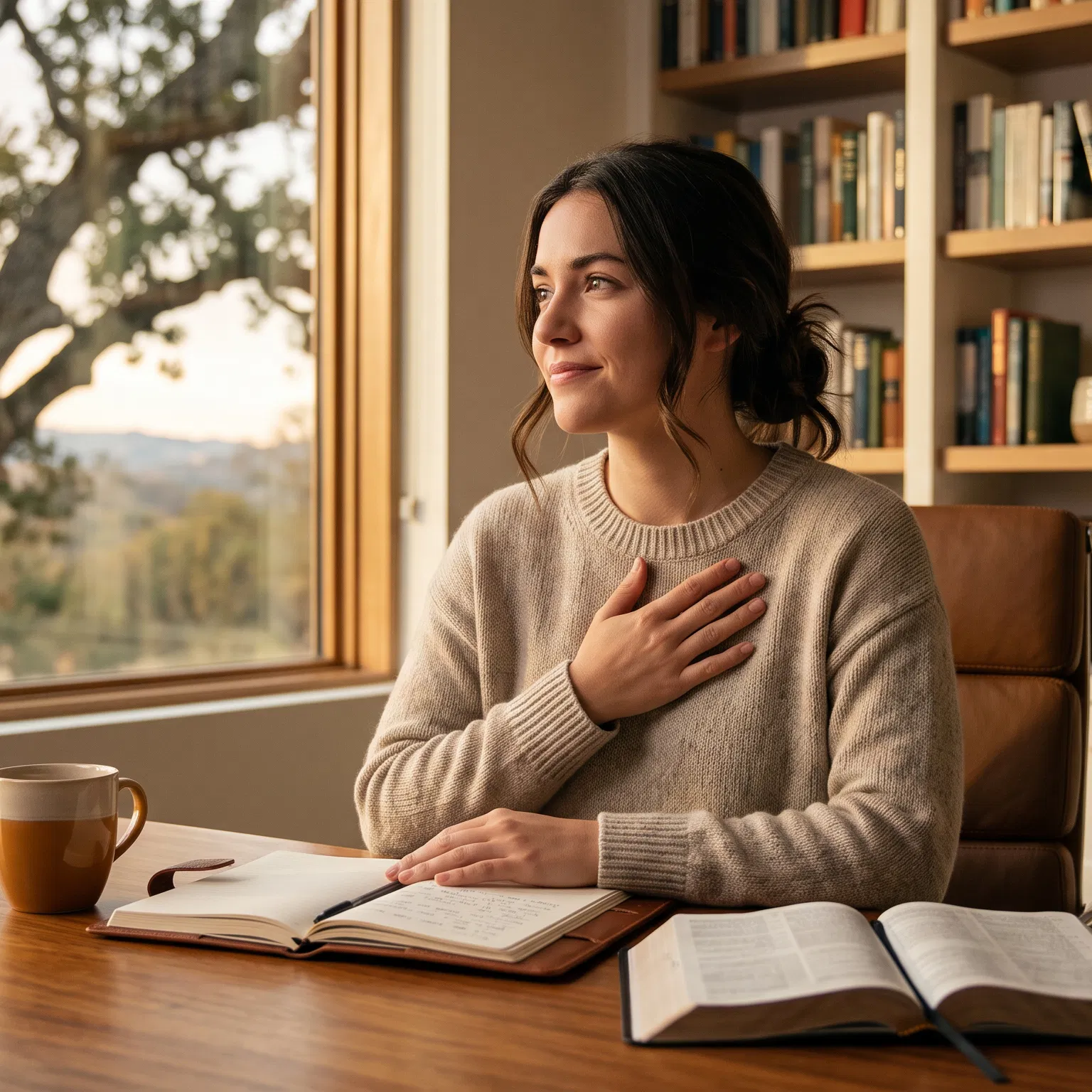 Woman Studying the Bible With a Hand on Her Heart