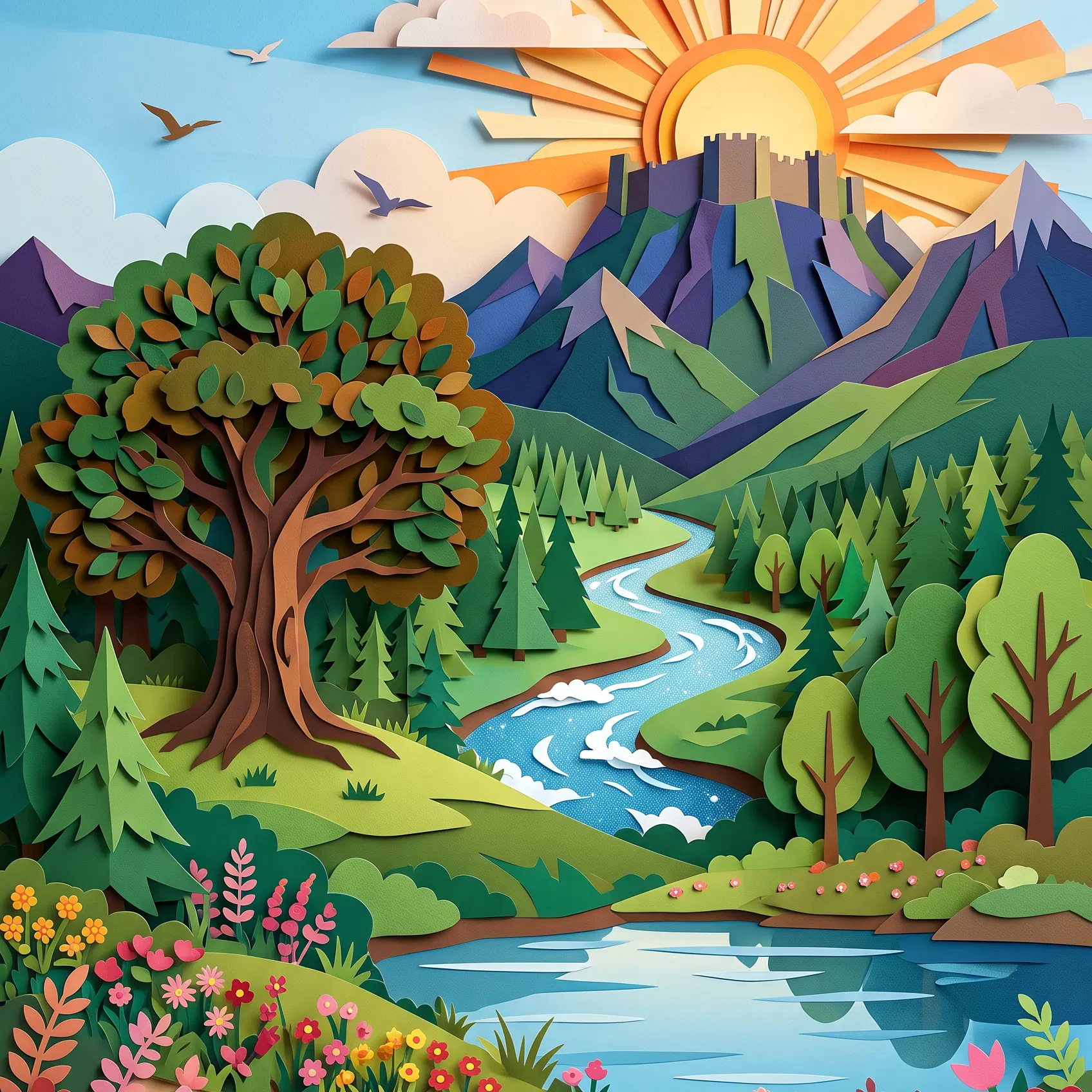 Paper-Cut Landscape With Sun Over Mountain
