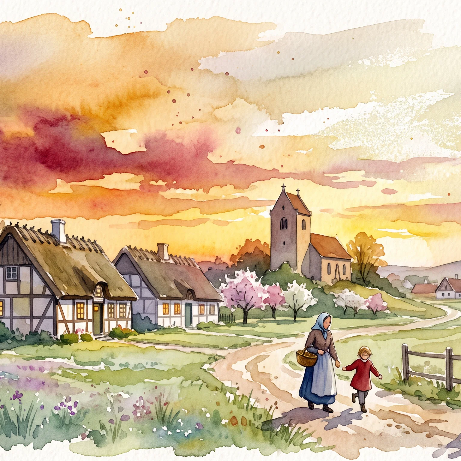 Golden Twilight Over a Danish Village
