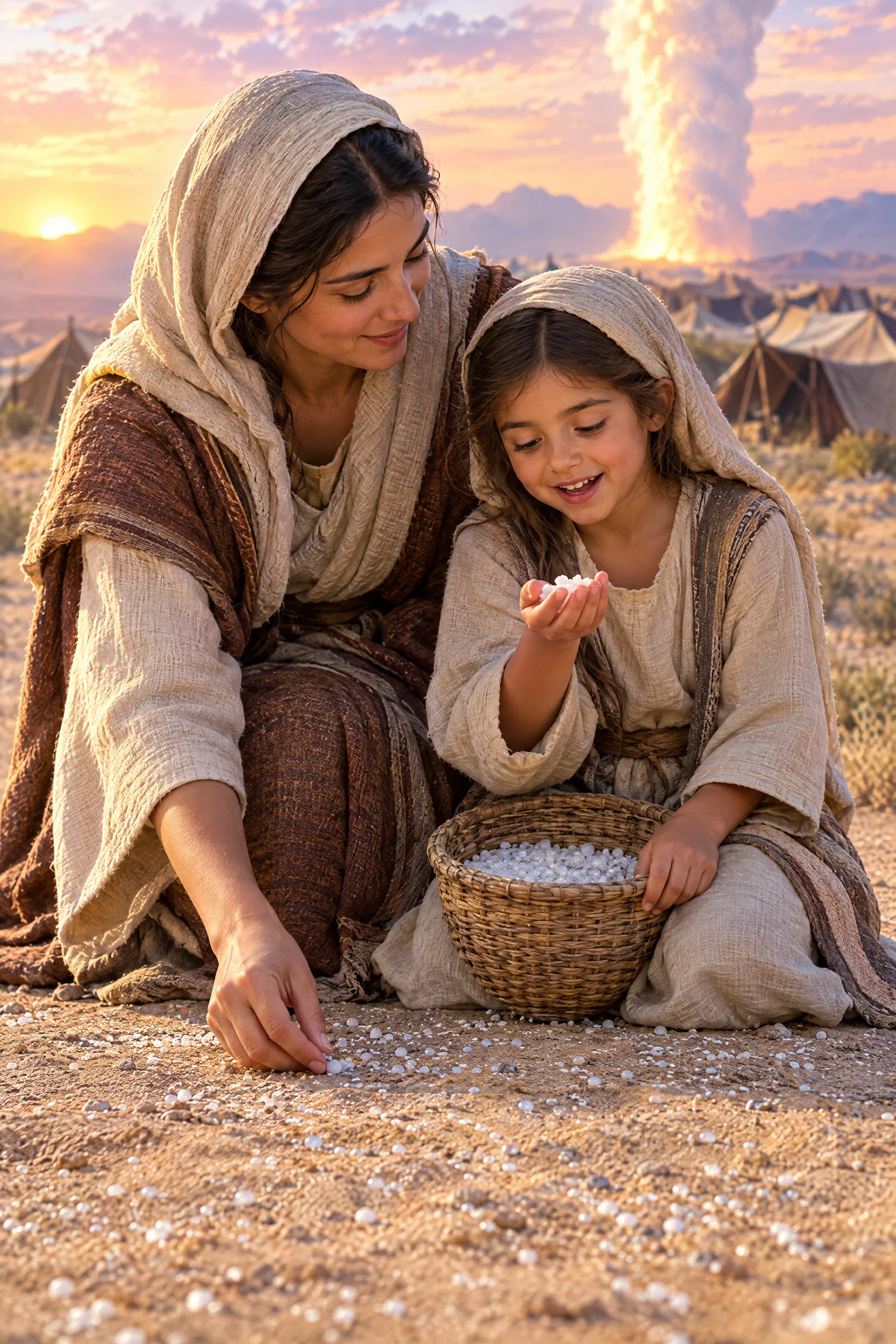 Mother and Daughter Gather Manna at Dawn