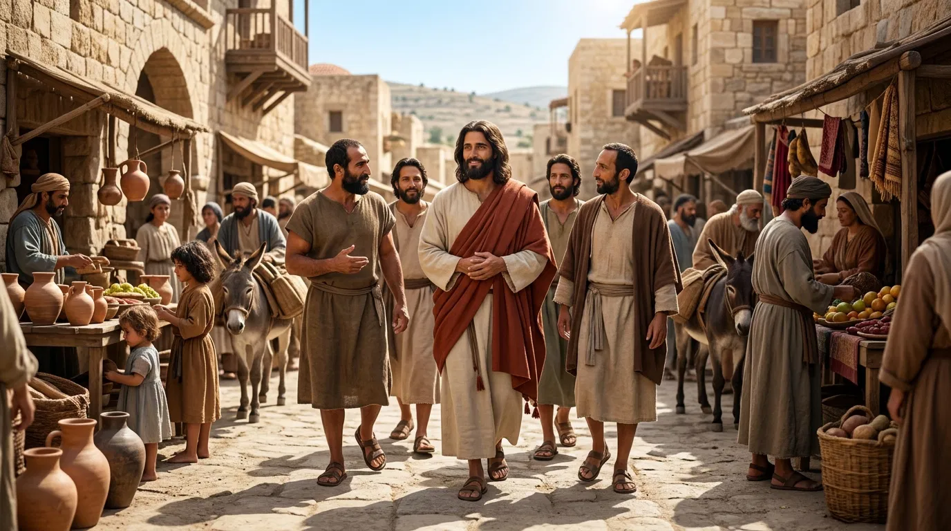 Jesus Walking Through a Market Street With Disciples