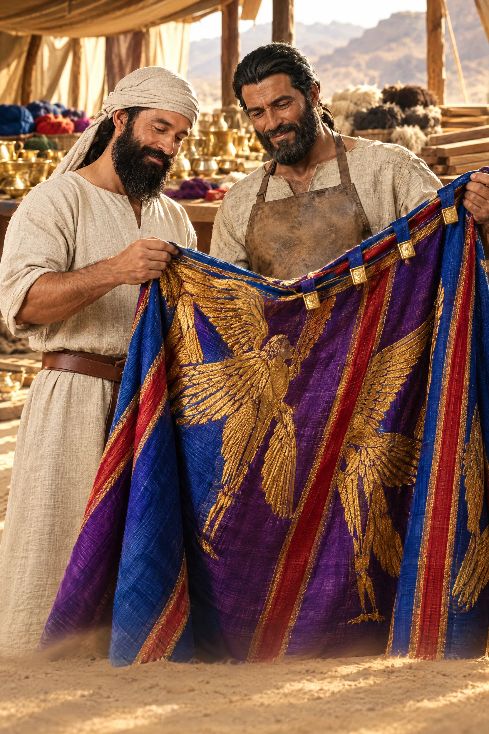 Bezaleel and Aholiab Hold a Tabernacle Curtain