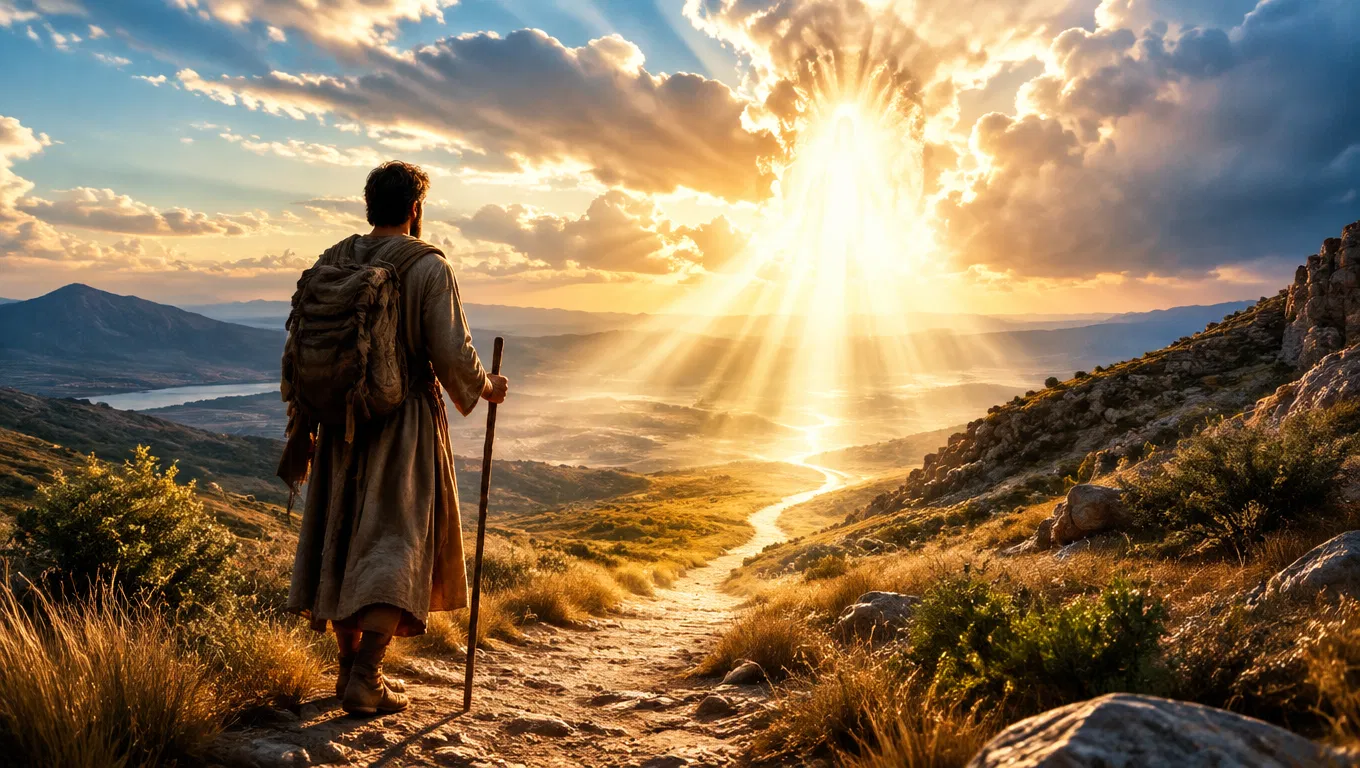 Traveler Walking Toward Glowing Light on a Mountain Path