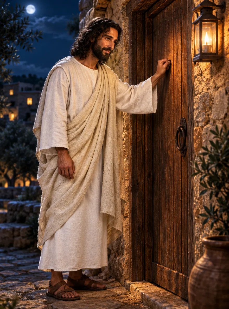 Jesus Knocking at a Door at Night