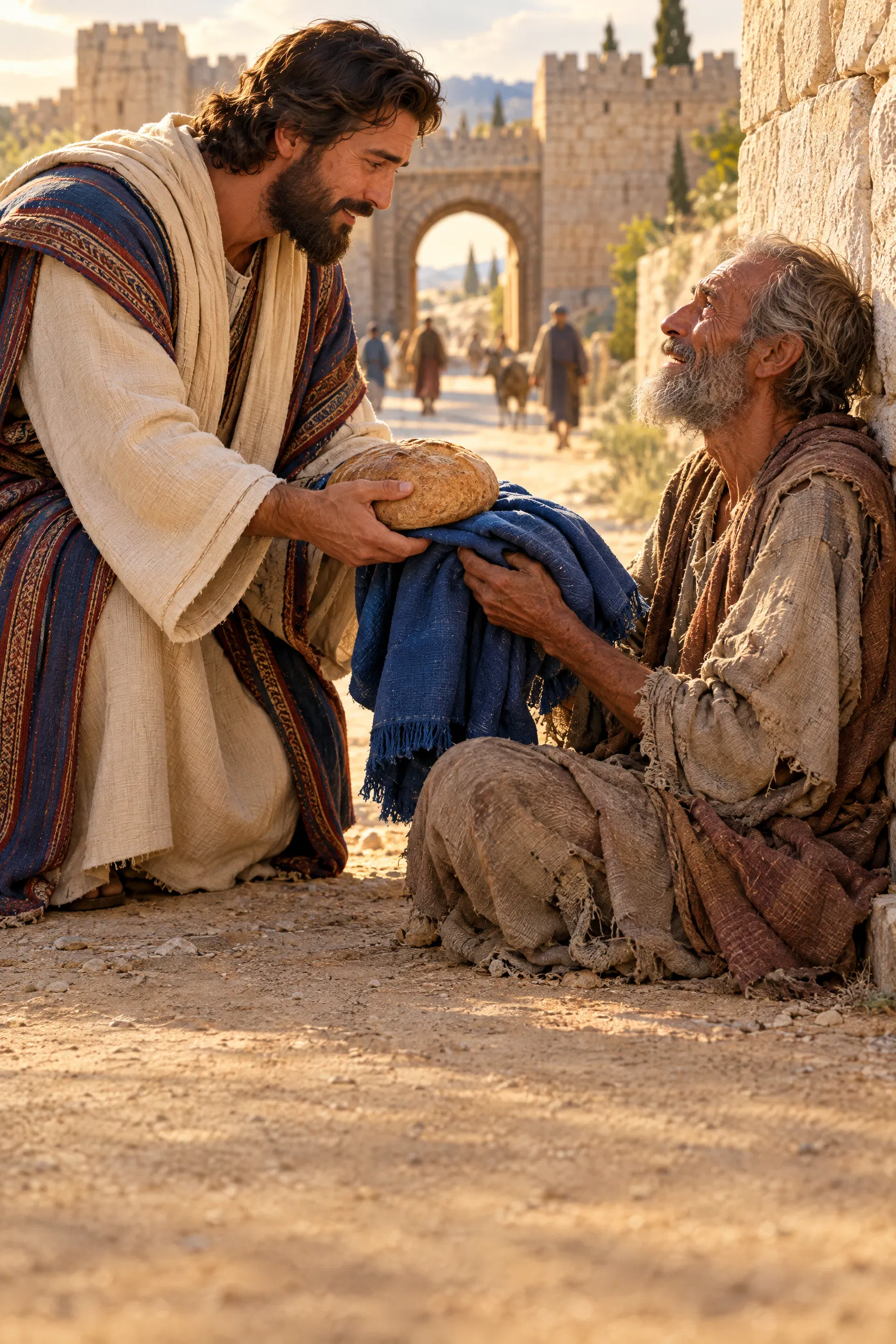 Man Gives Bread and a Cloak to a Beggar