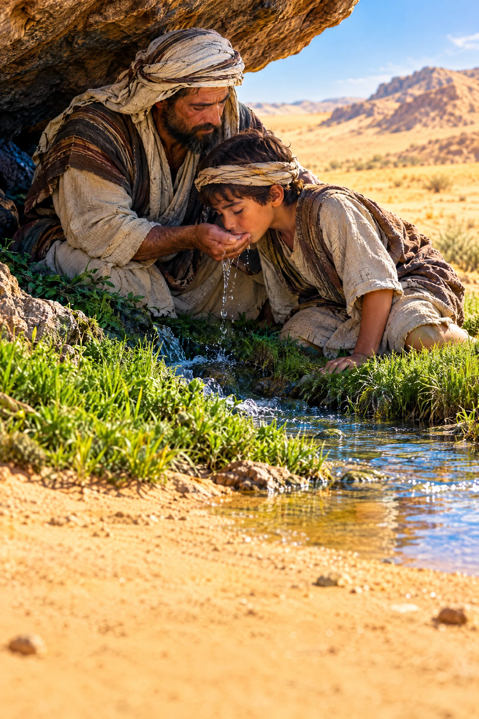 Father and Son Drink Beside a Great Rock