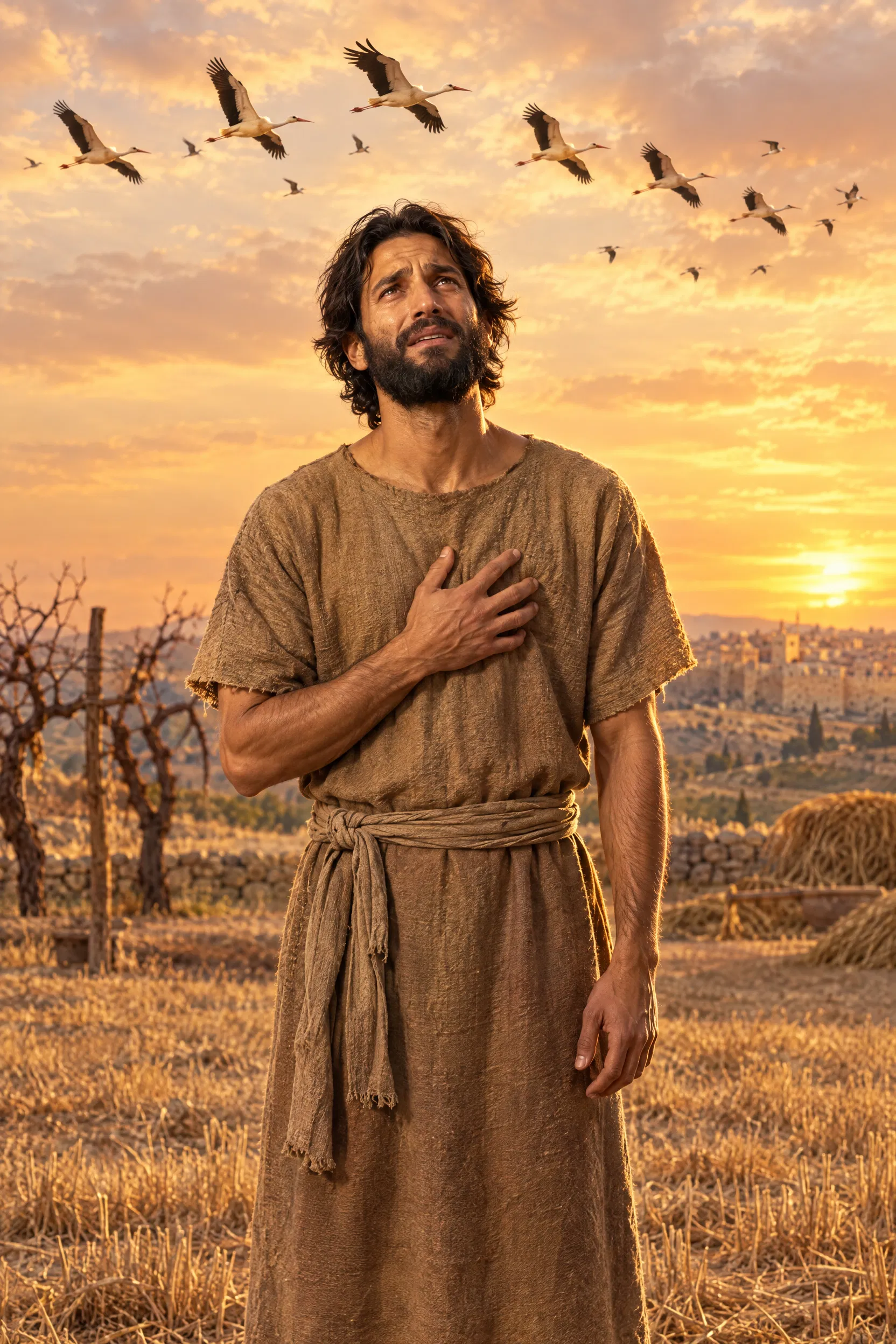 Jeremiah Mourns Under Flying Storks After Harvest