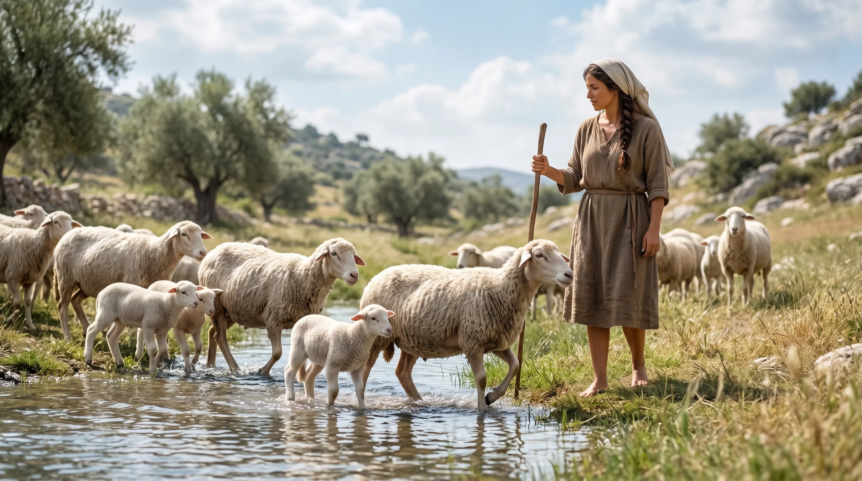 Woman Beside a Flock of Sheep at a Stream