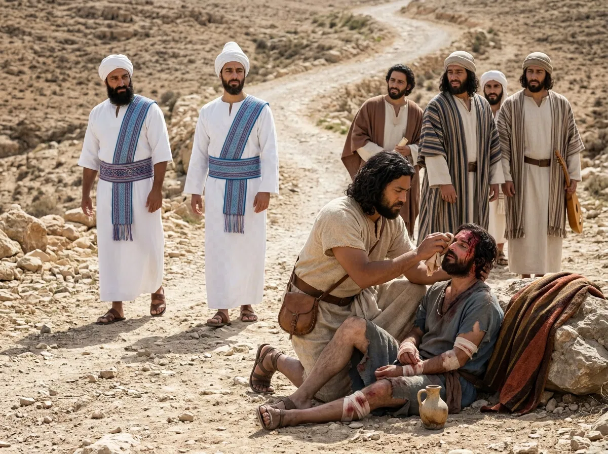 Good Samaritan Helps While Priest and Levite Stand By