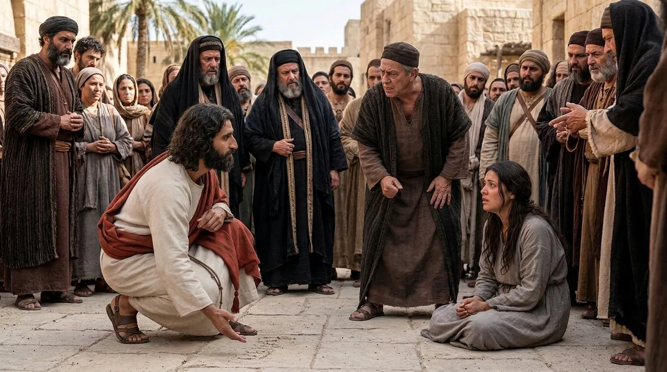 Accusers Stand Over the Woman as Jesus Stoops to Write