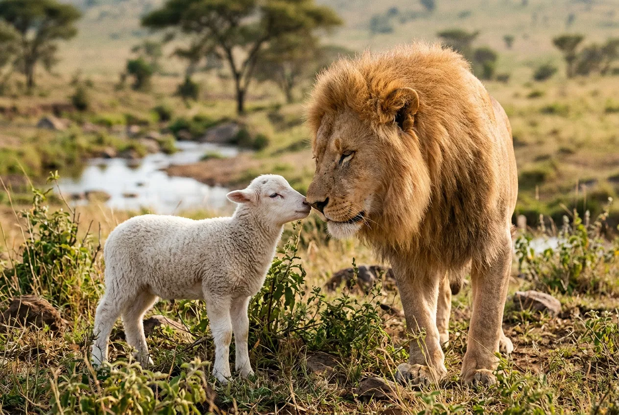 A Lamb and a Lion Nose to Nose