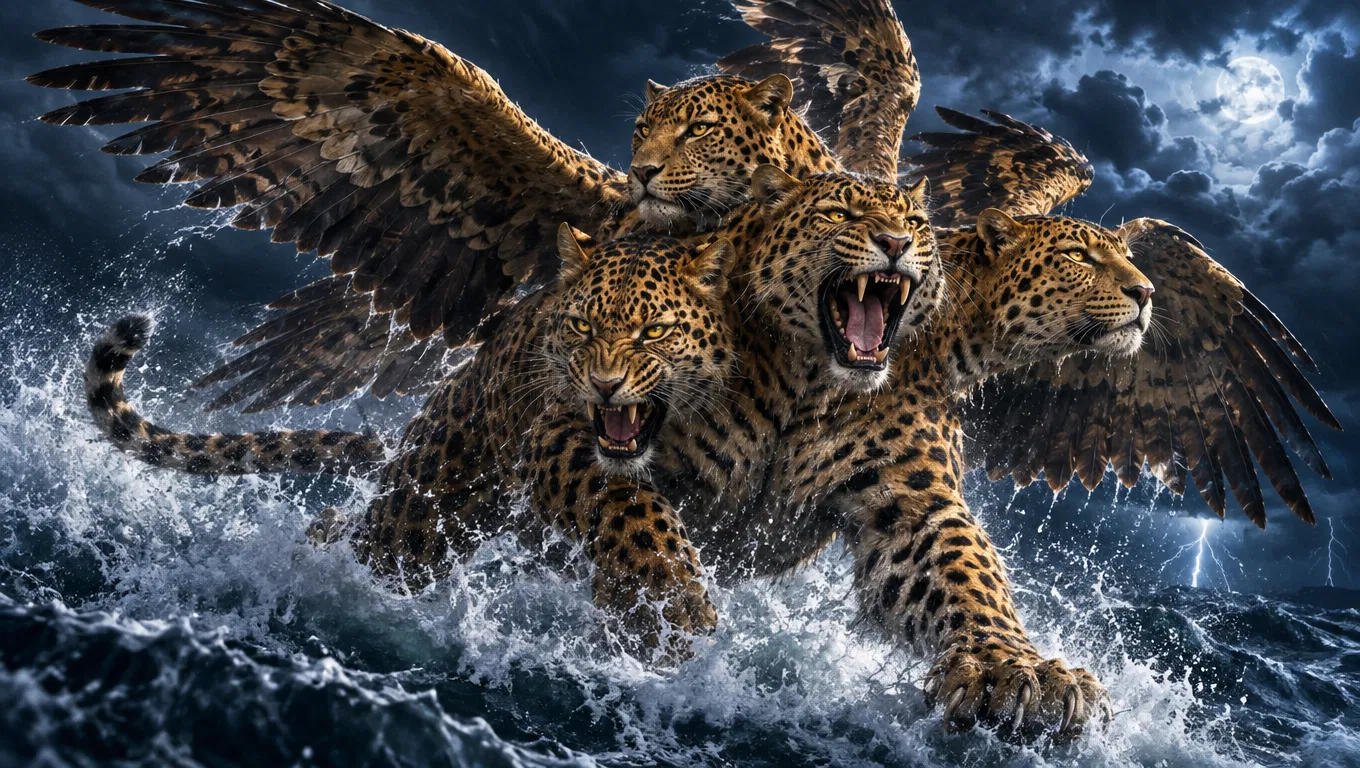 Four-Headed Winged Leopard Rising from the Sea