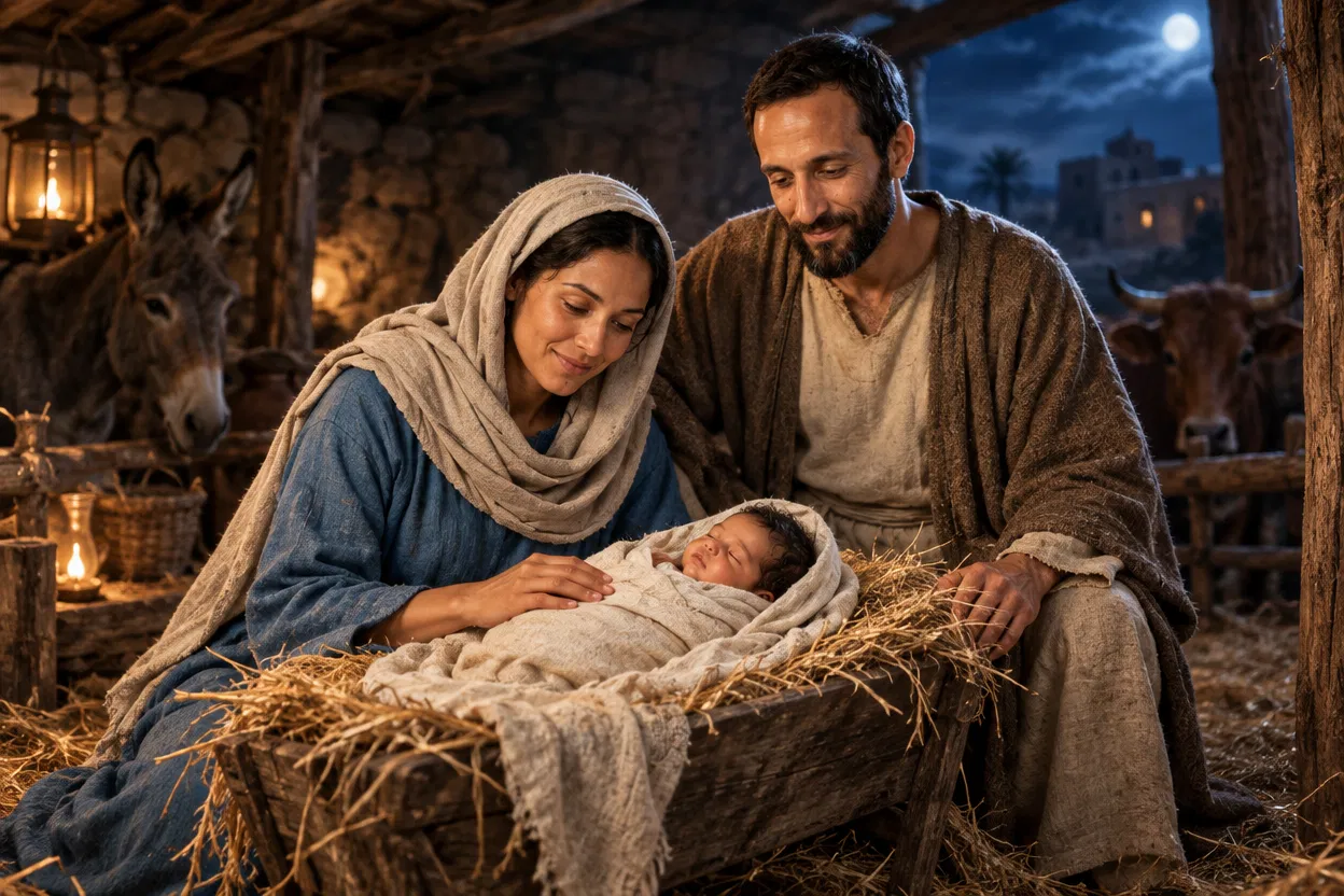 Mary and Joseph Beside the Newborn Jesus