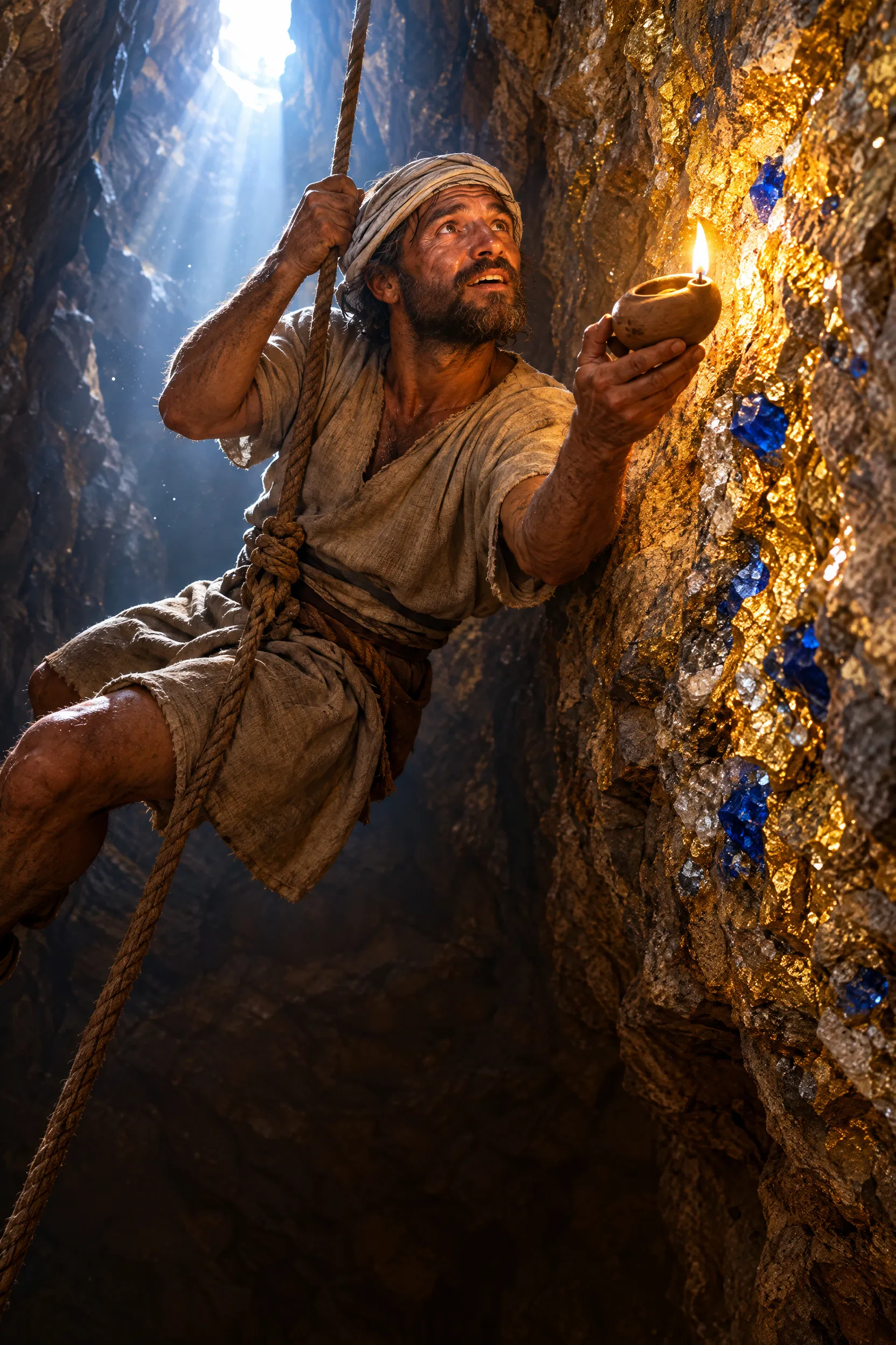 A Miner Lights Gold and Sapphires in the Rock