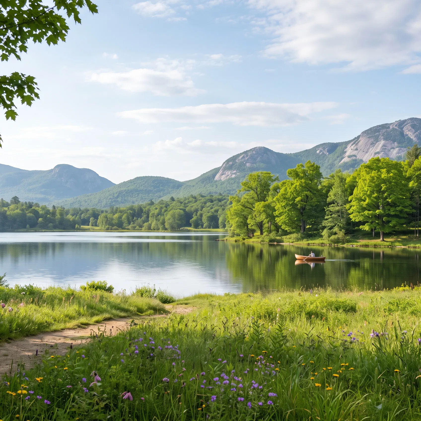 Quiet Lake and Mountains with Wildflowers