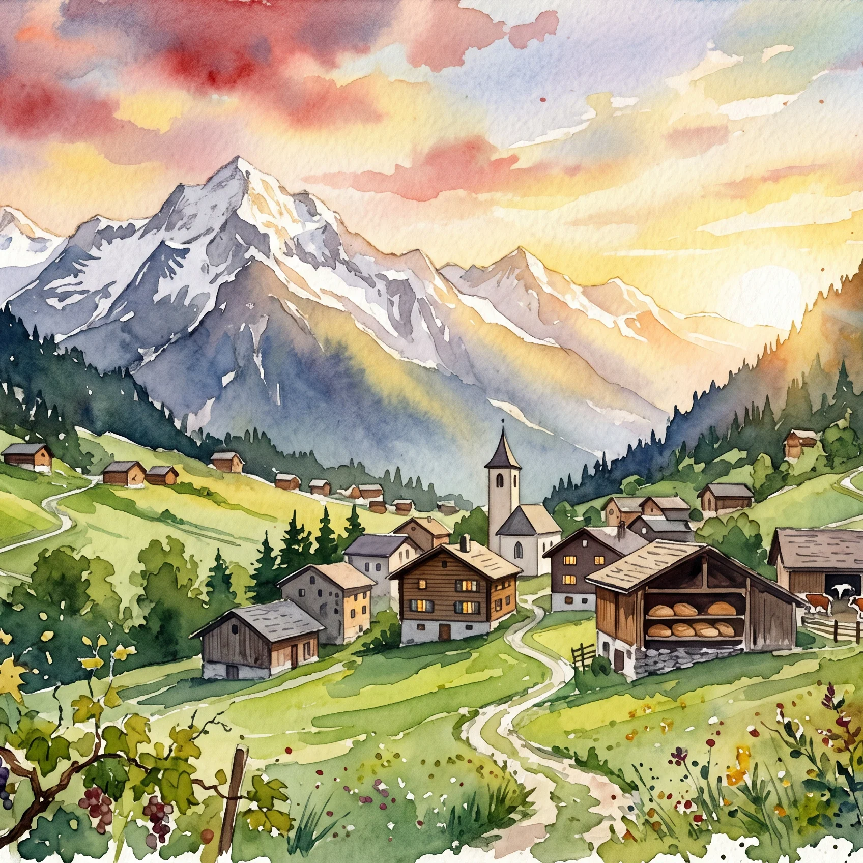Serene Sunset Over Alpine Village