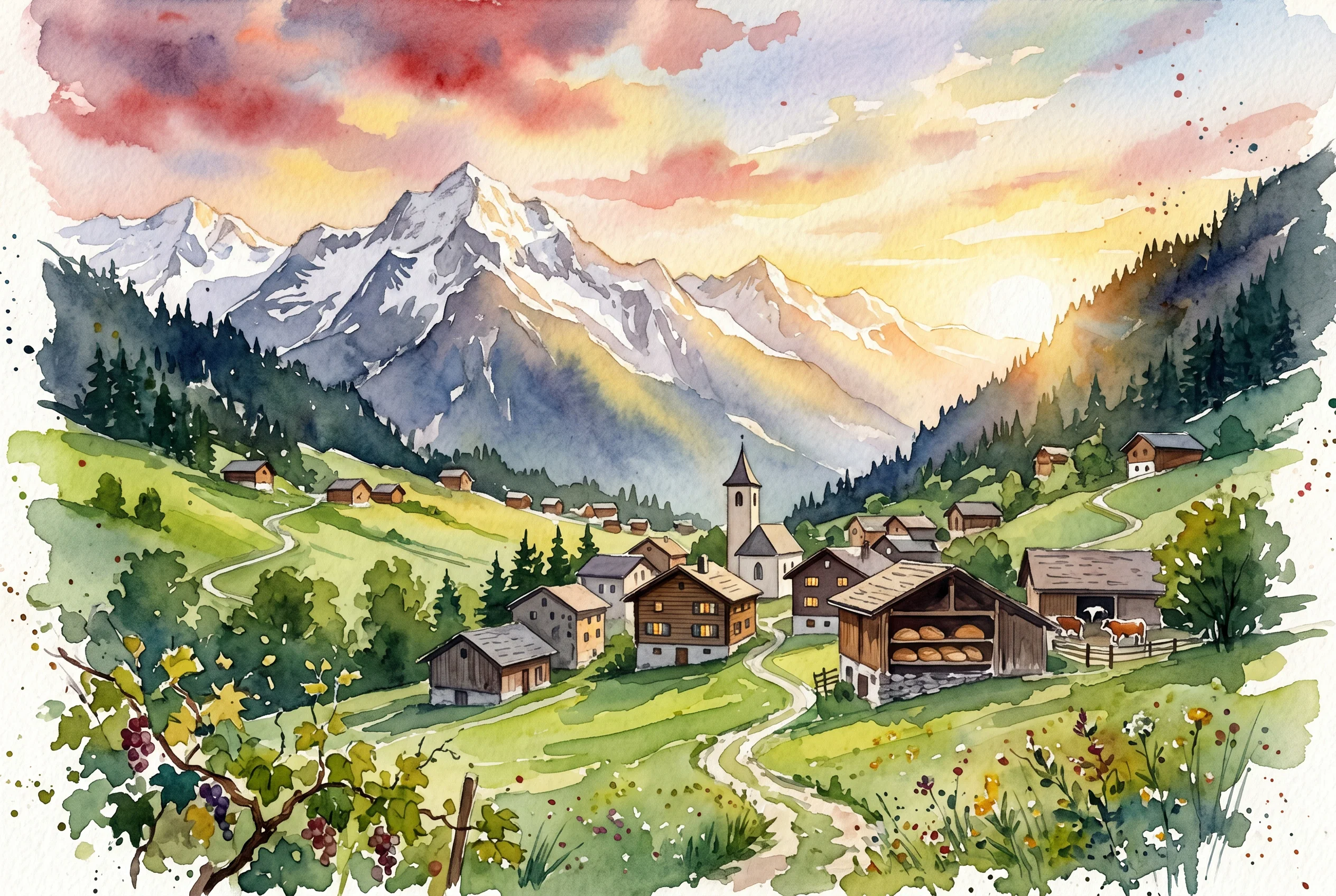 Serene Sunset Over Alpine Village