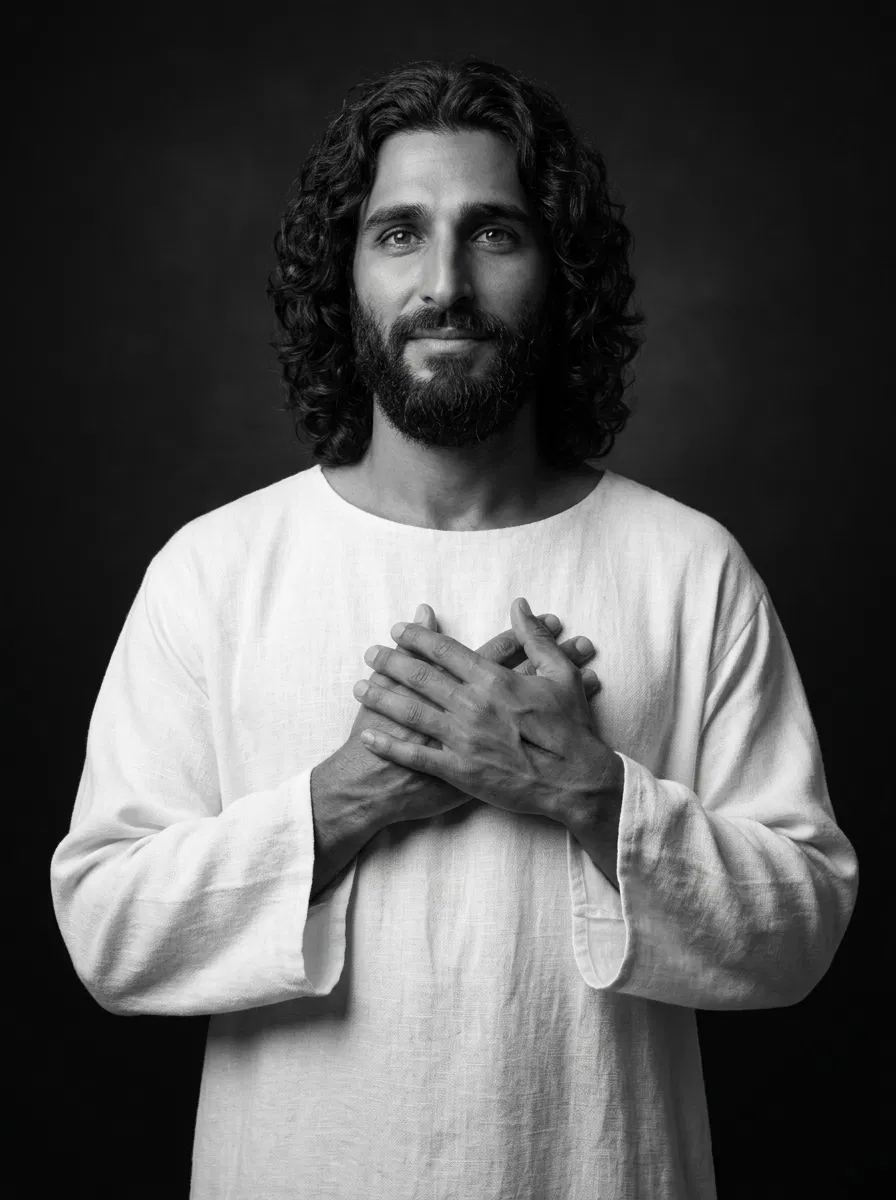 Christ in a White Robe With Hands on His Heart