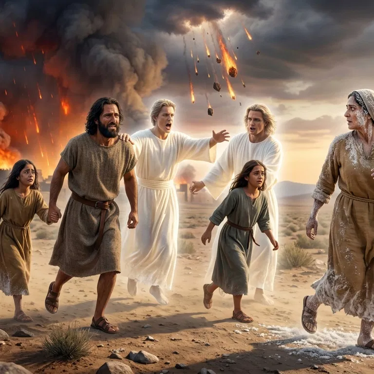 Lot's Family Flees Sodom as His Wife Turns to Salt