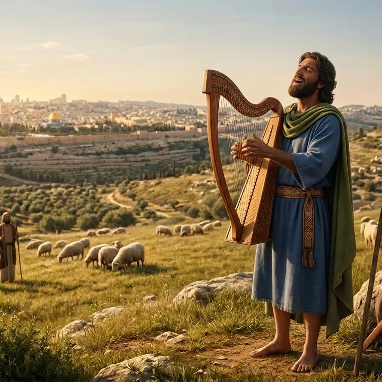 David Worshipping with His Harp on the Hillside