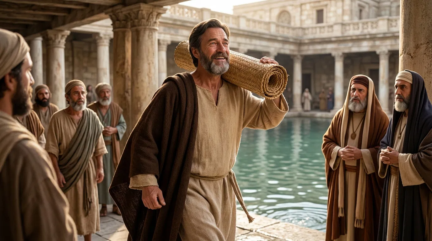 Healed Man Carrying His Mat at Bethesda