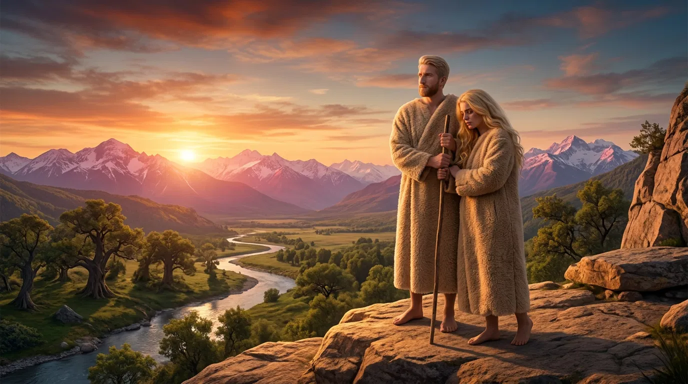 Adam and Eve Looking Over the Land at Sunset