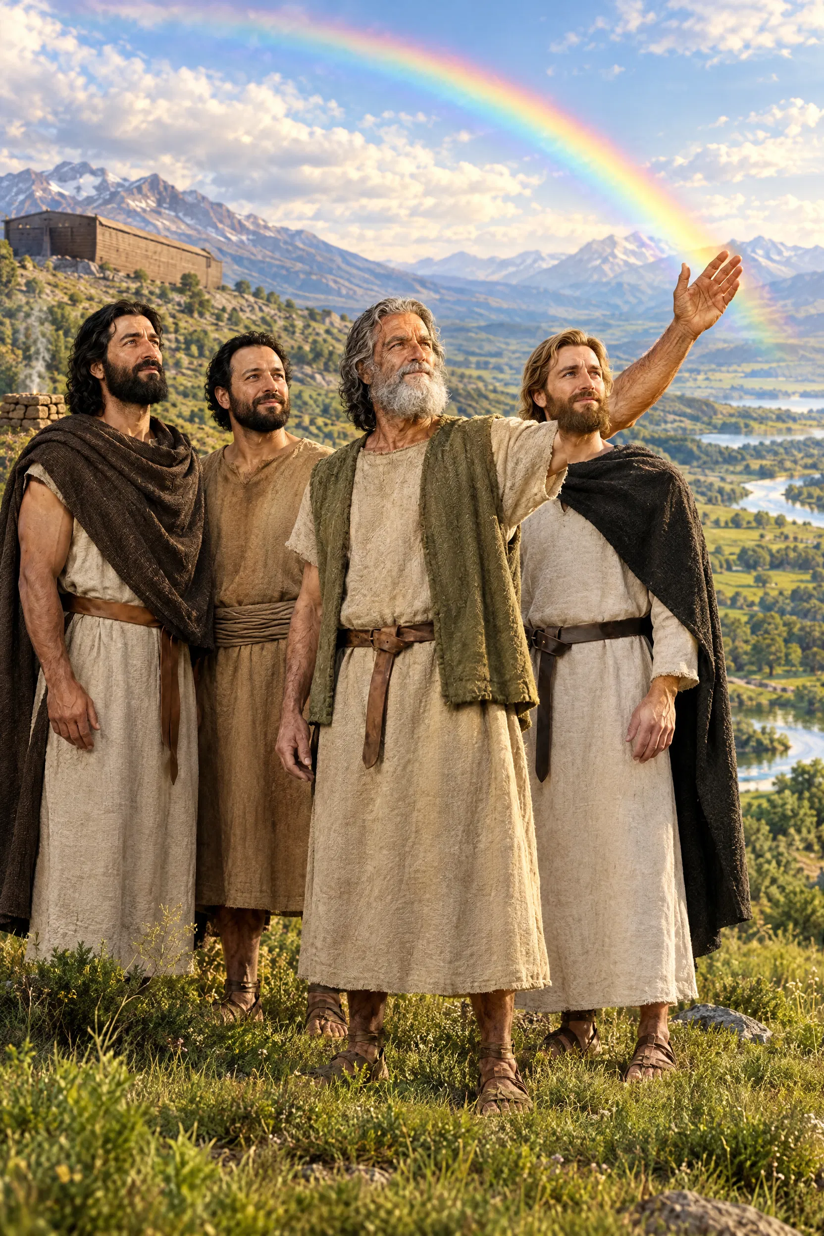 Noah and His Three Sons Beneath the Rainbow