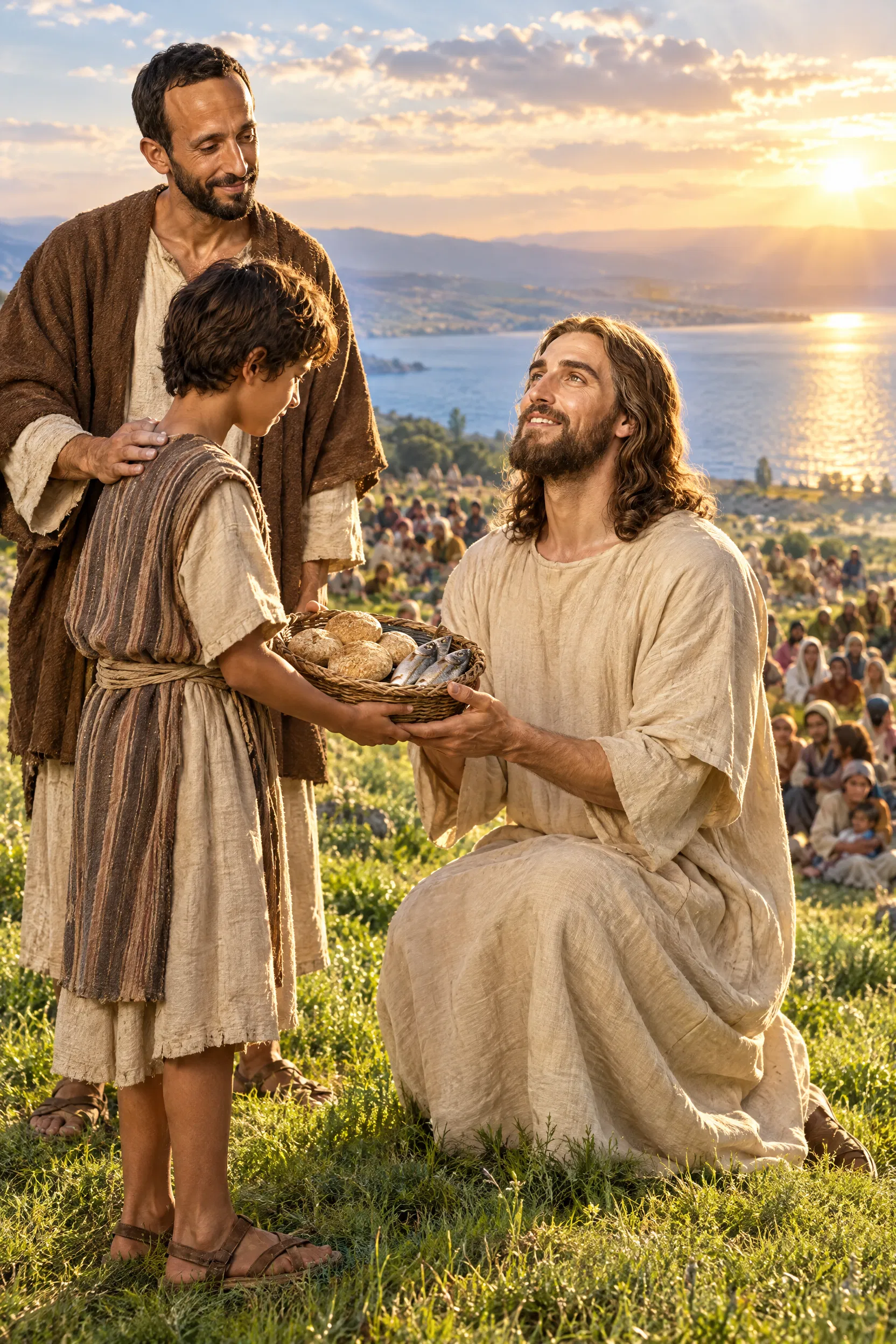 Boy Offers Five Loaves and Two Fishes to Jesus