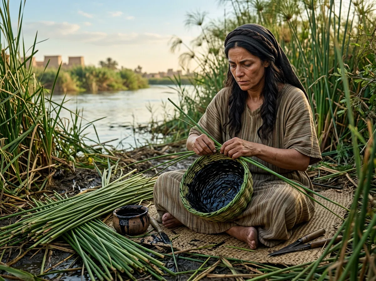 Moses' Mother Weaving a Bulrush Basket by the Nile