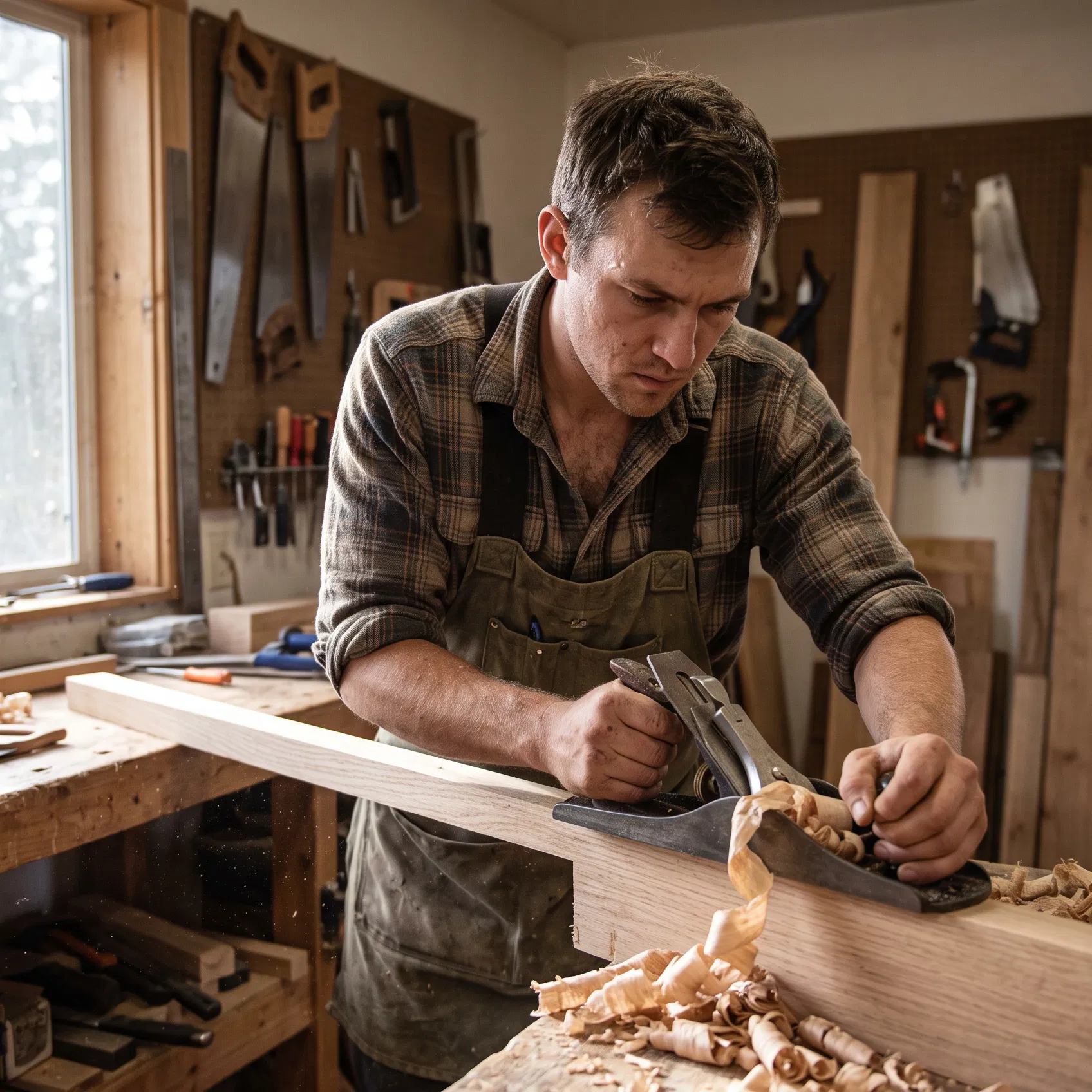 Carpenter Planing a Board in His Workshop