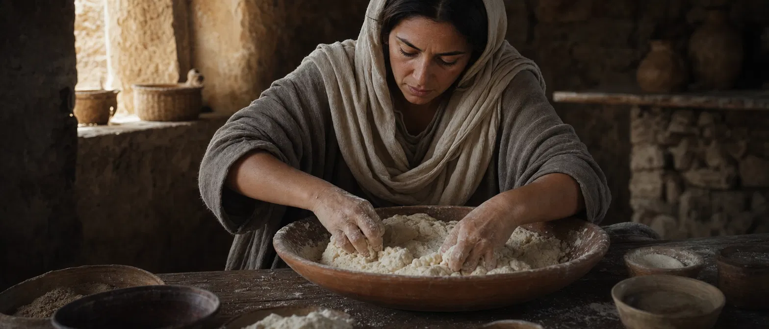 Woman Working Leaven into a Bowl of Dough