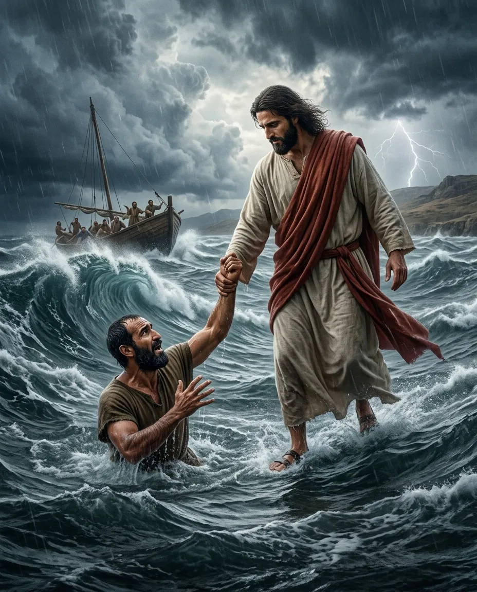 Jesus Saves Peter Sinking in the Stormy Sea
