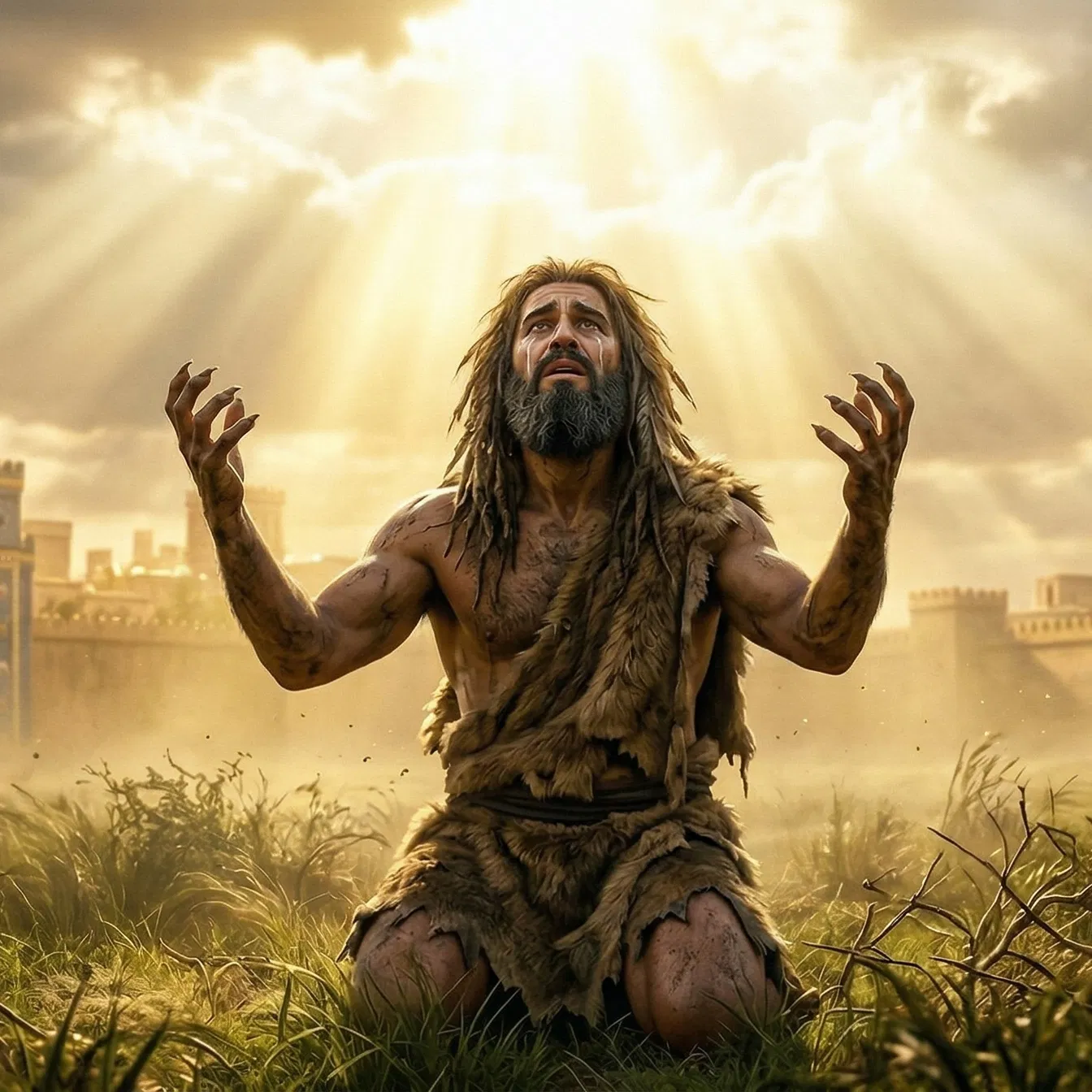 Nebuchadnezzar Raises His Hands to Heaven in Tall Grass