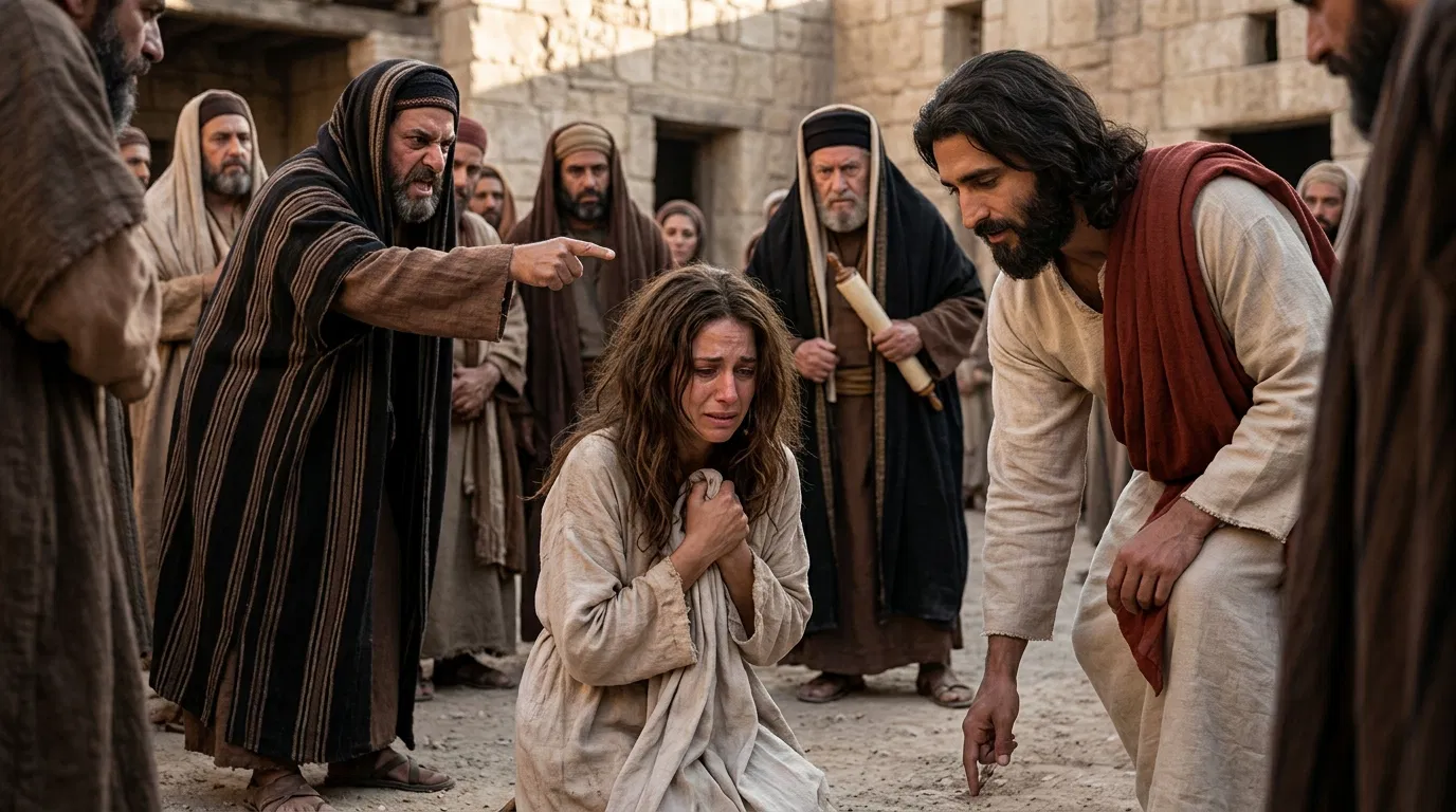 Teachers Bring a Weeping Woman Caught in Adultery to Jesus