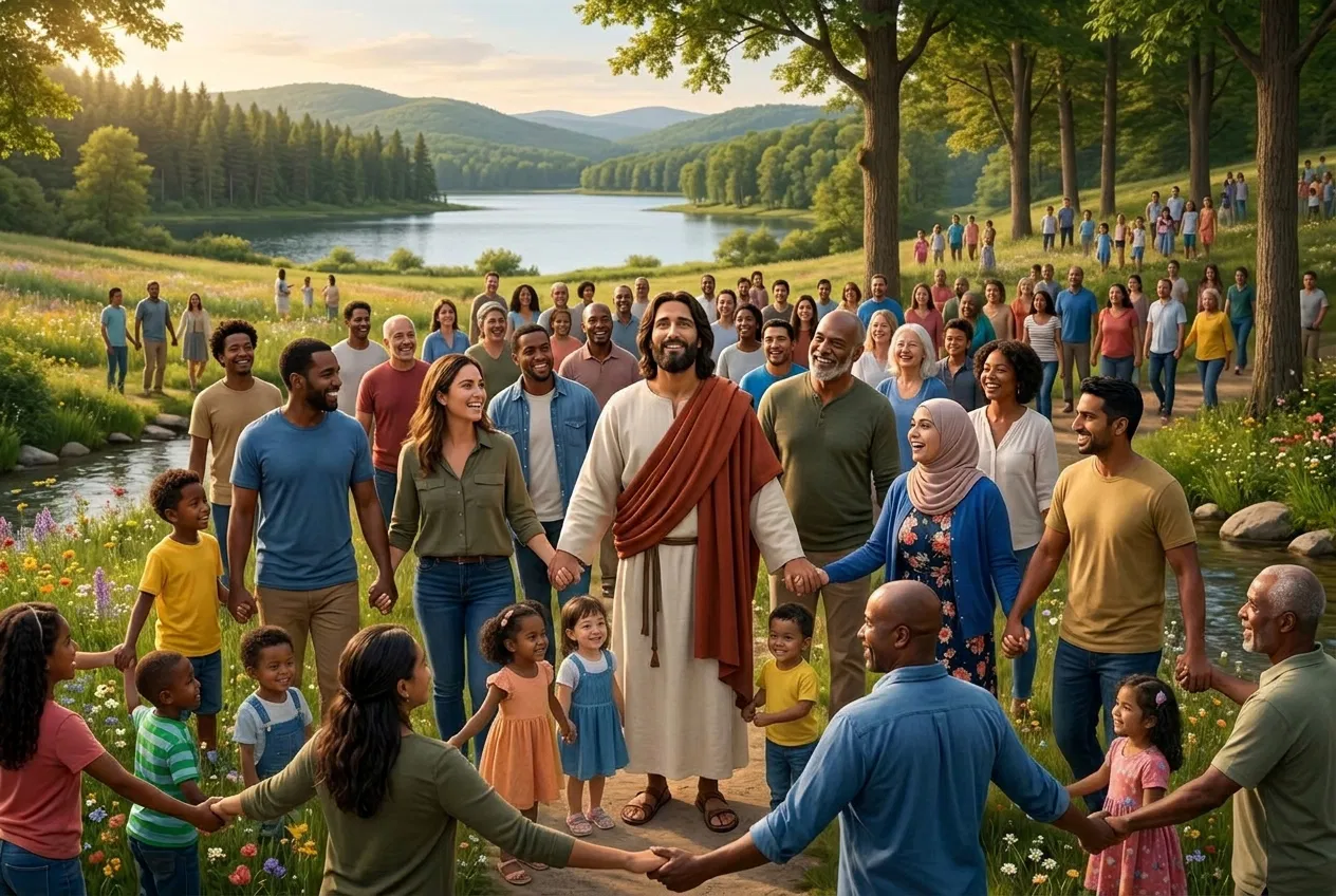 Jesus Standing Among a Ring of Joined Hands