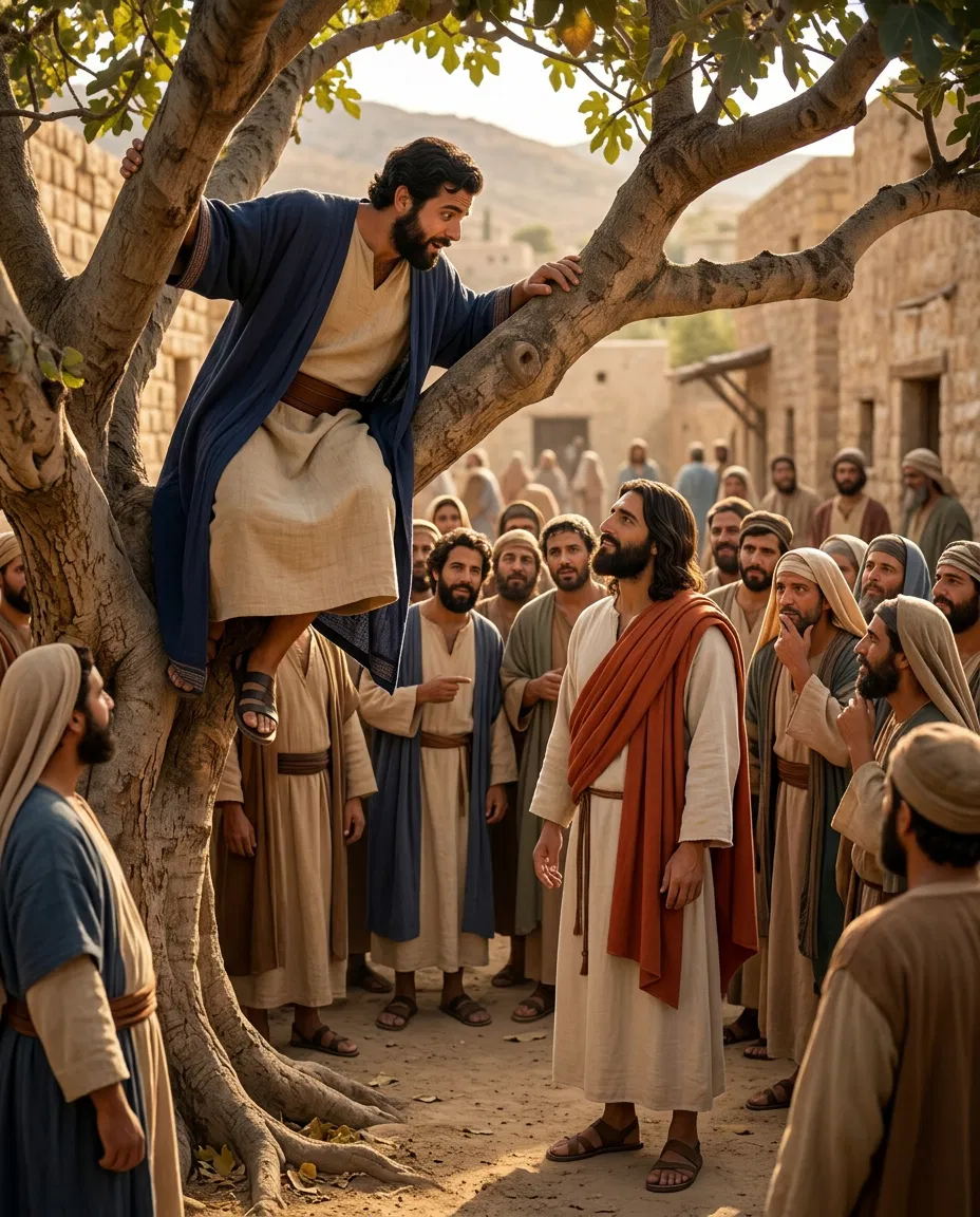 Zacchaeus in the Sycamore Tree Looks at Jesus