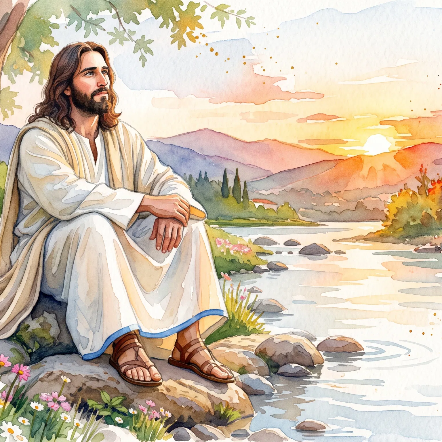 Jesus Seated by a River at Sunrise
